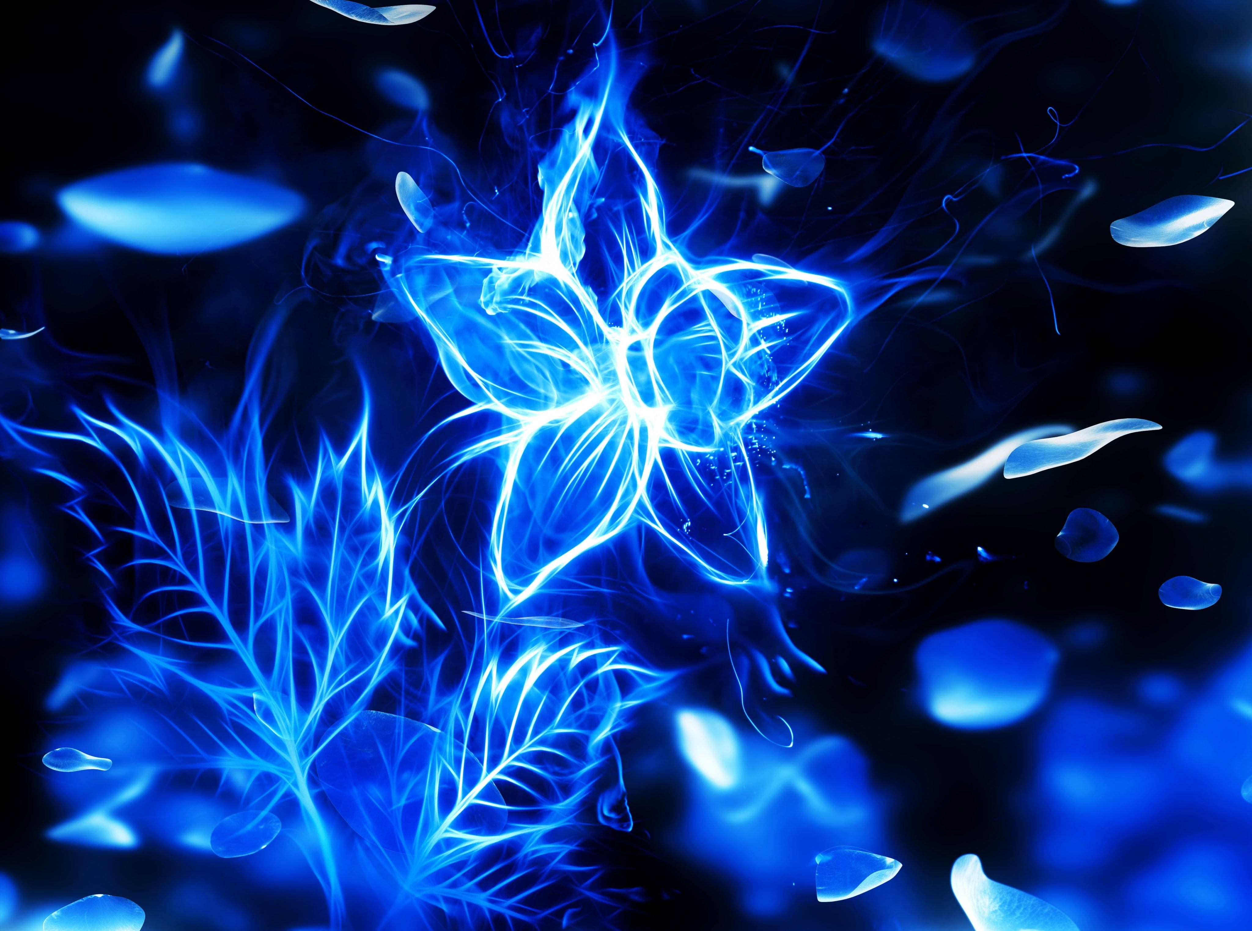 Blue Fire Flower, glowing electric blue, swirling energy, 4K Desktop Wallpaper