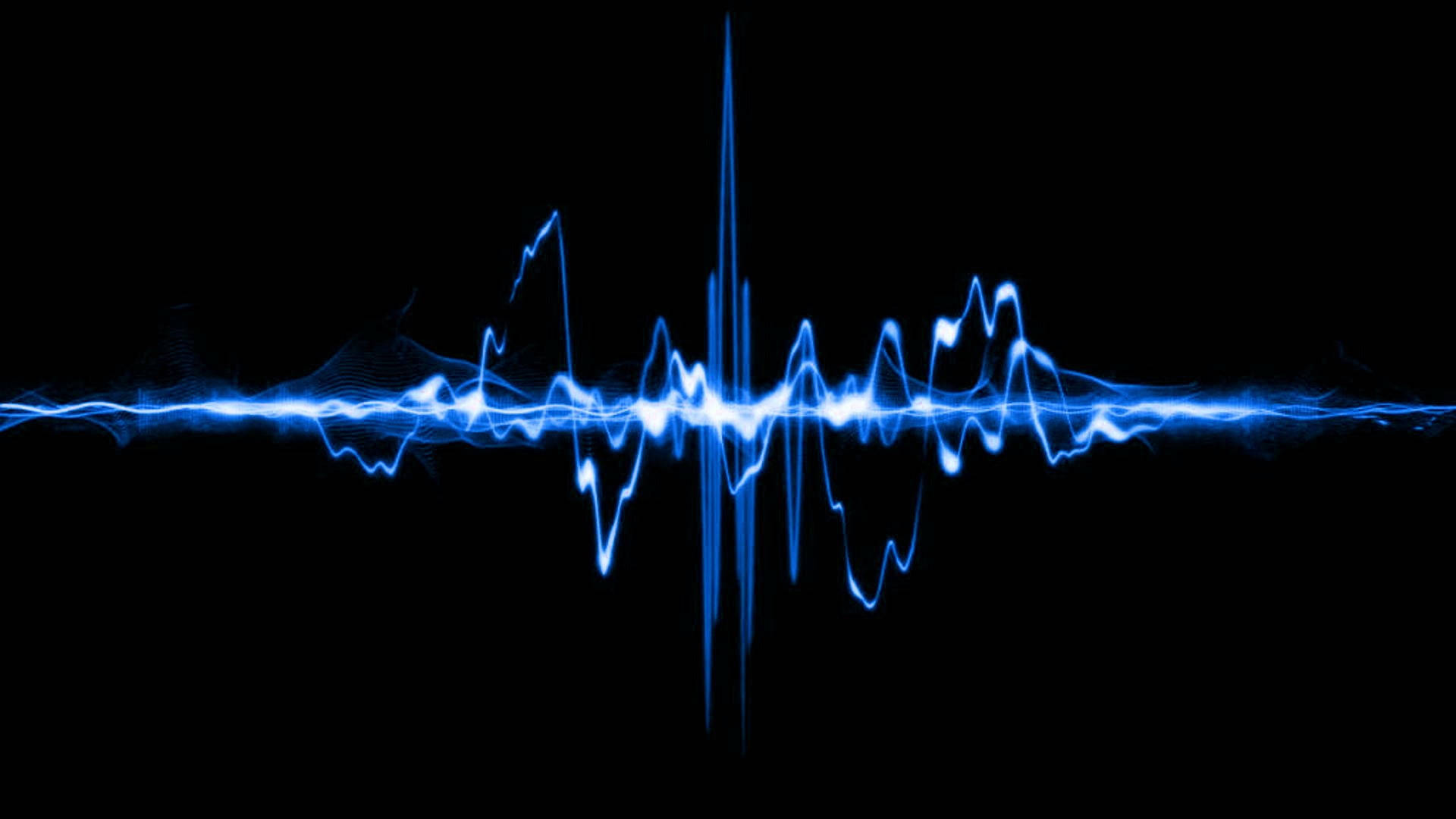 blue fire flames, glowing blue audio waveform, stark black background, Full HD Desktop Wallpaper