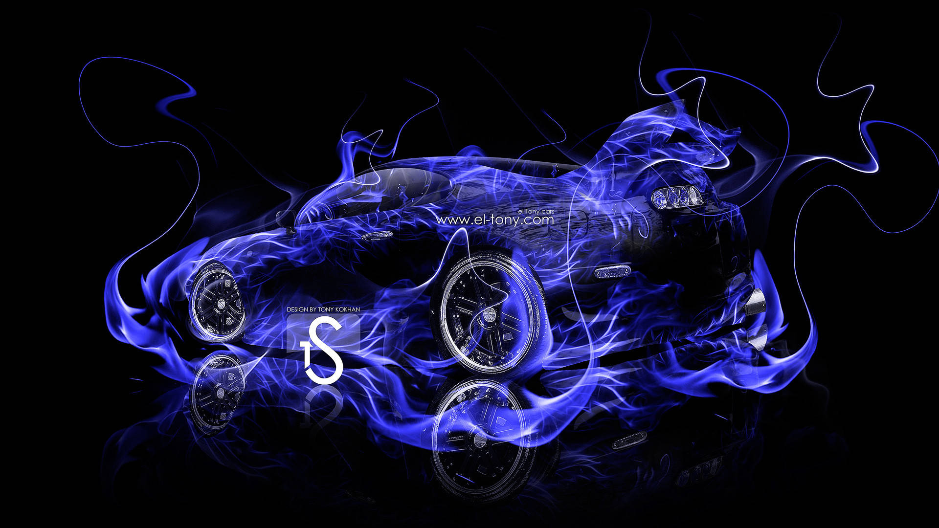 sleek black sports car, vibrant blue electric flames, dark background, Full HD Desktop Wallpaper