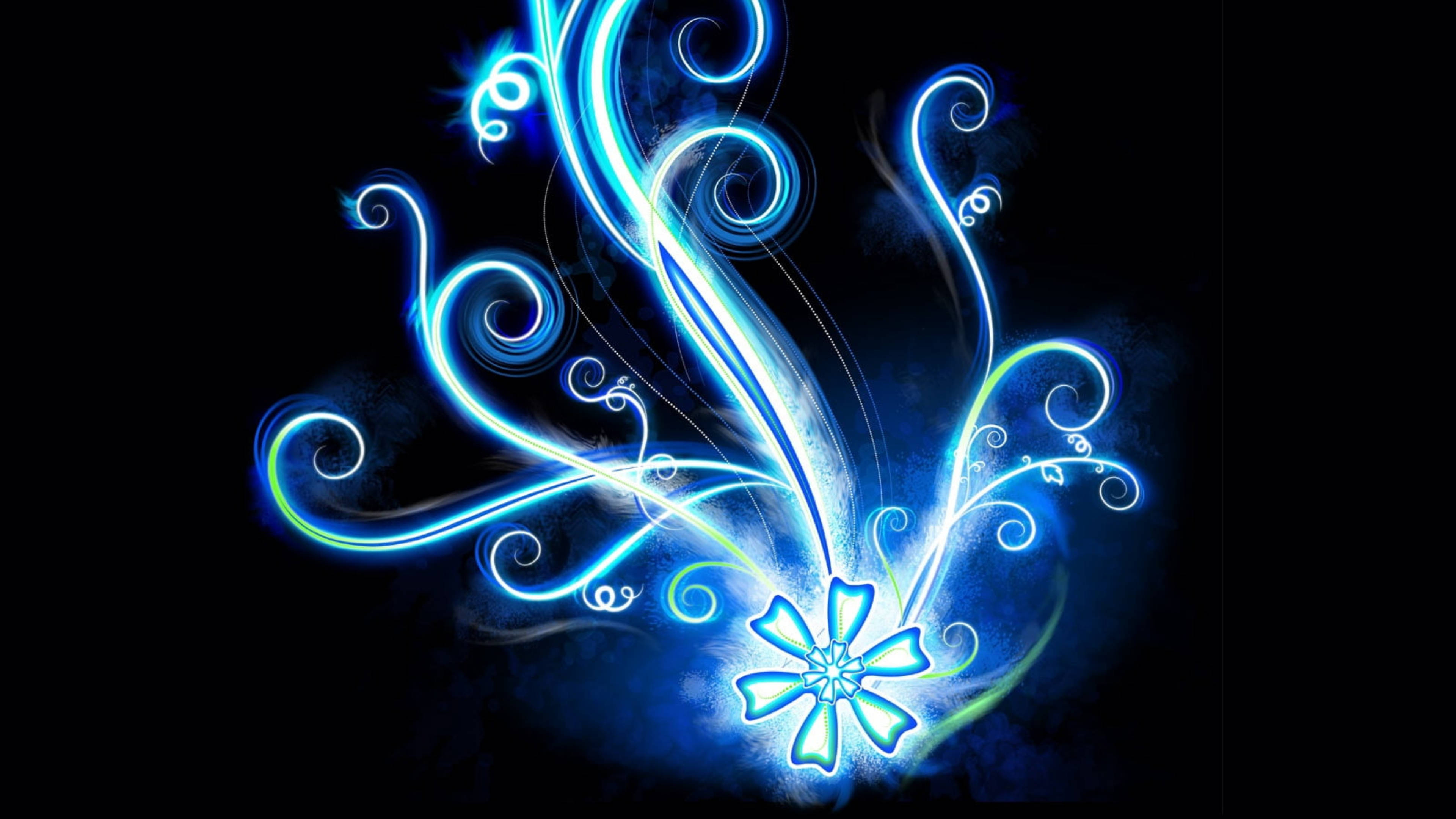 blue fire flames, vibrant blue neon swirls, glowing floral patterns, 4K Desktop Wallpaper