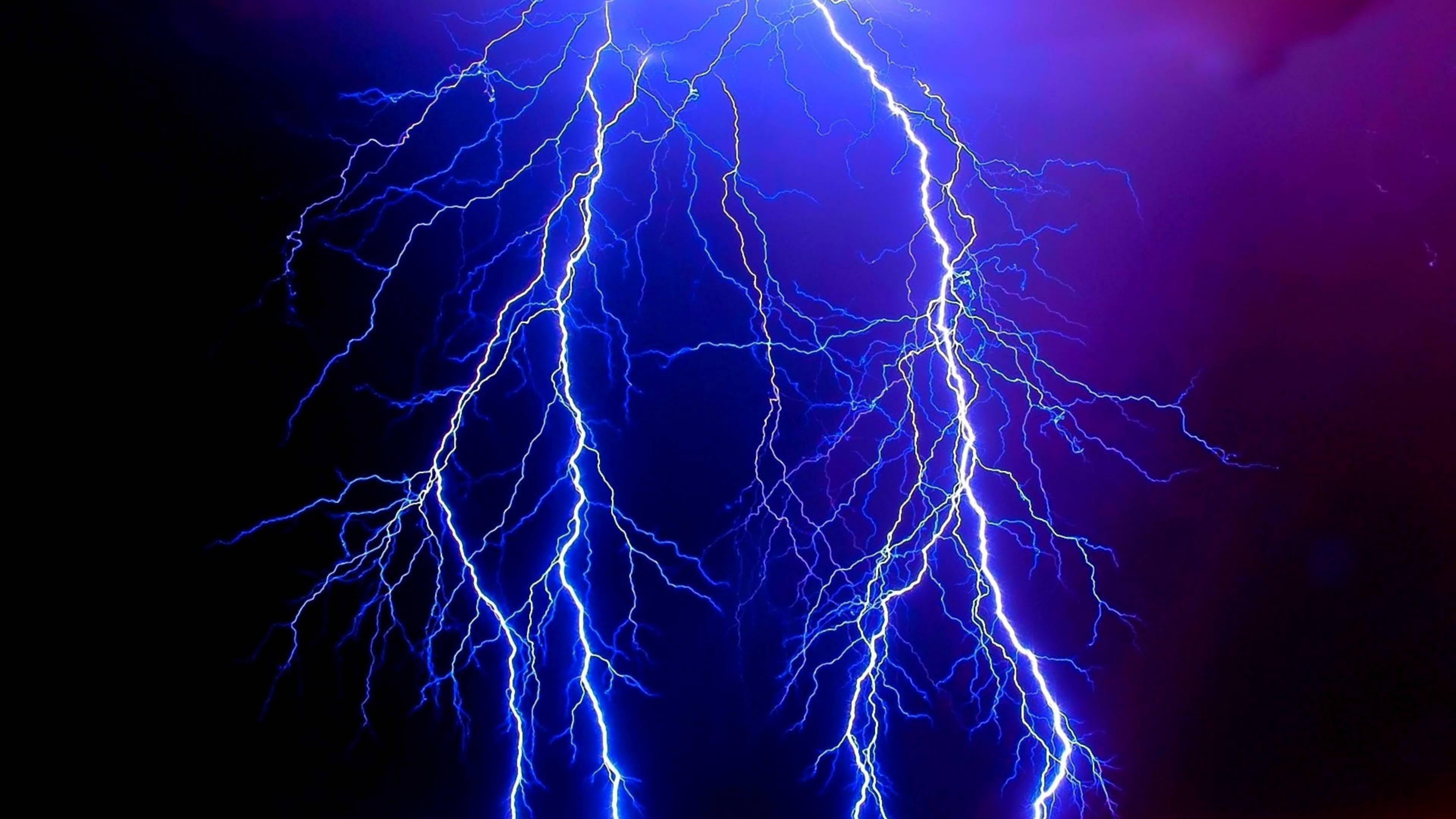 blue fire, night sky, vivid blue lightning bolts, 4K Desktop Wallpaper