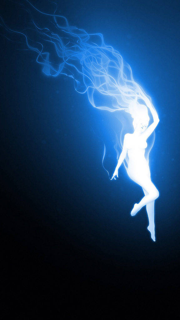 Blue Fire, glowing white humanoid figure, flowing blue energy tendrils, SD Phone Wallpaper