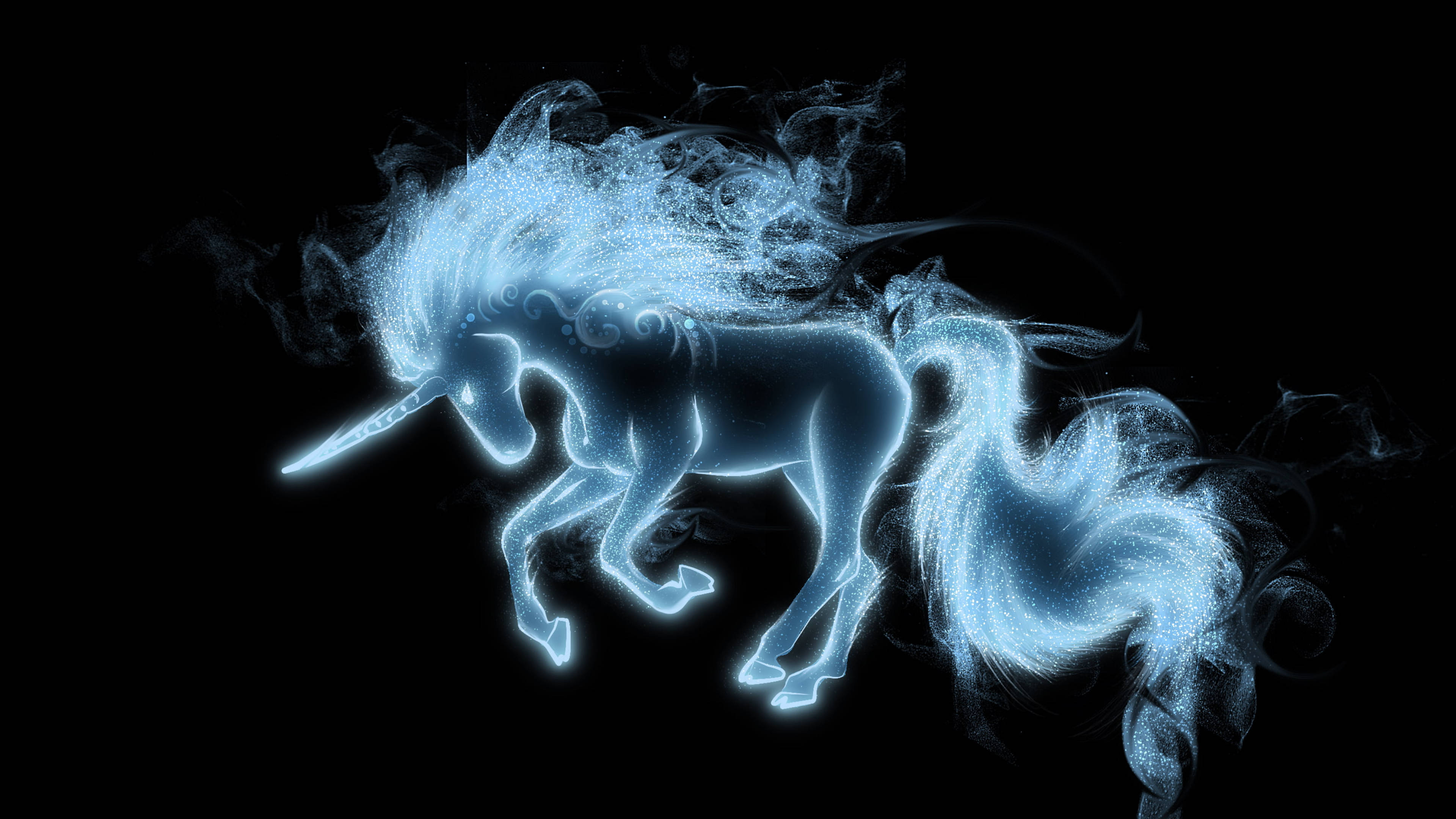 vibrant blue flames, glowing blue unicorn, ethereal particles, 4K Desktop Wallpaper