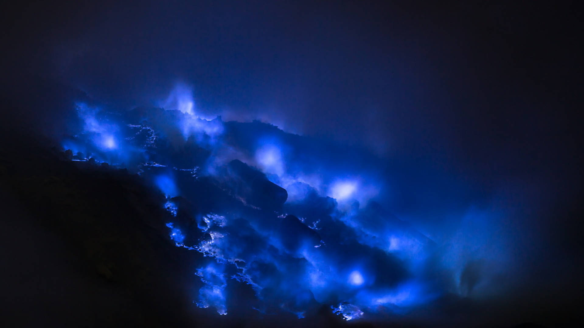 Blue Flames, bioluminescent, dark volcanic landscape, Full HD Desktop Wallpaper