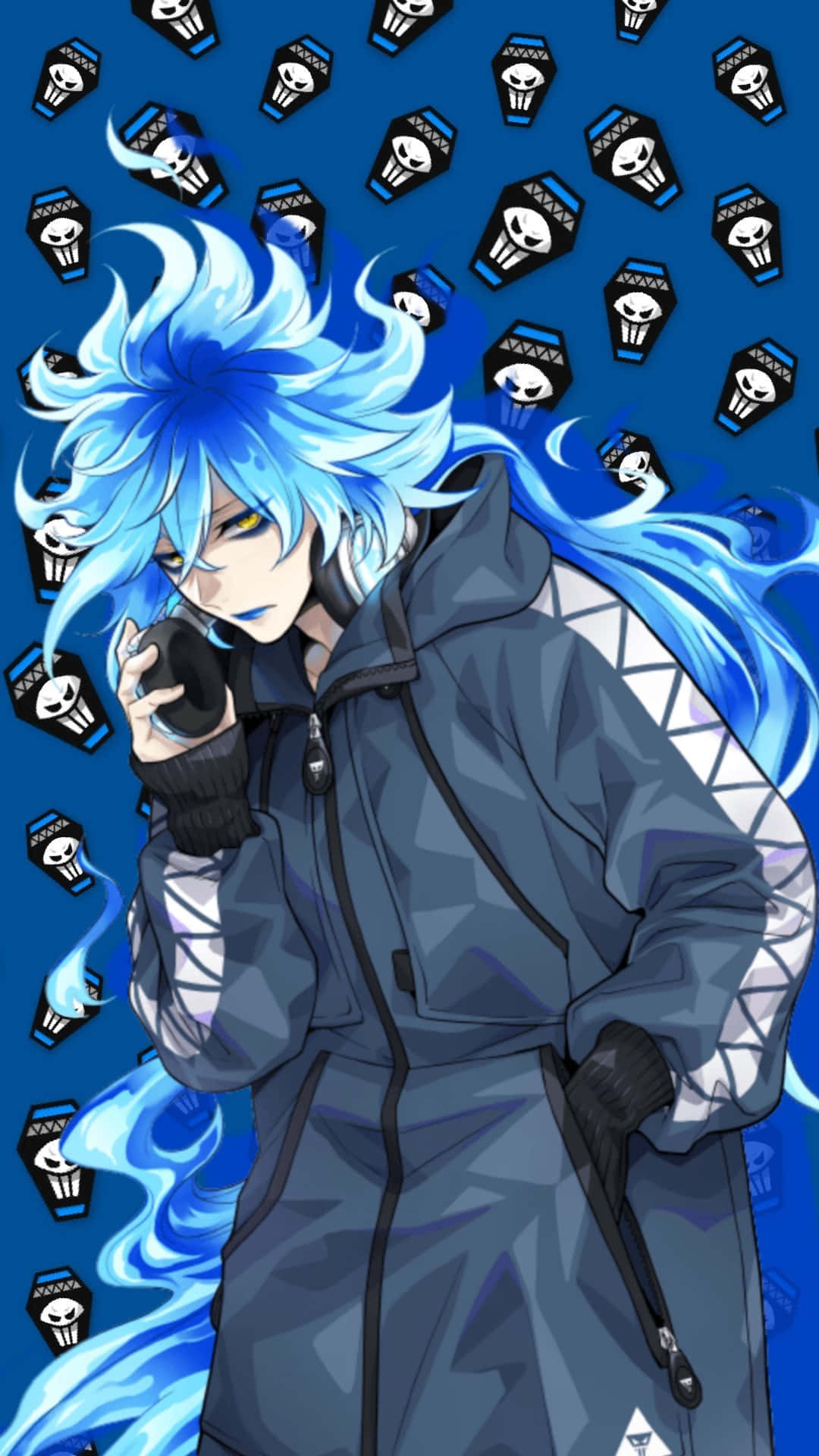 blue-haired anime character, dark jacket, phone, Full HD Phone Wallpaper