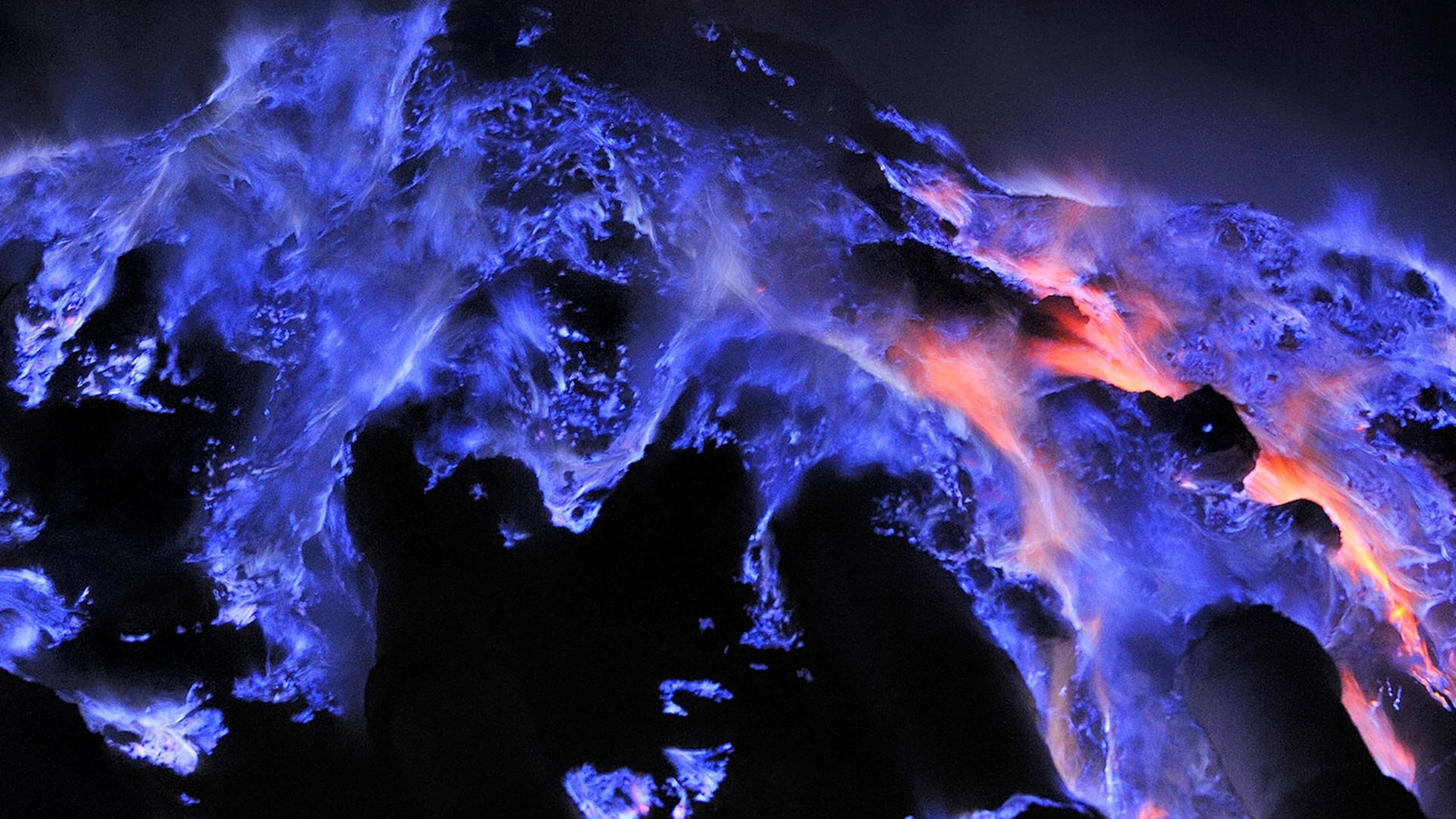 Blue Flames, lava flows, dark volcanic rock, Full HD Desktop Wallpaper