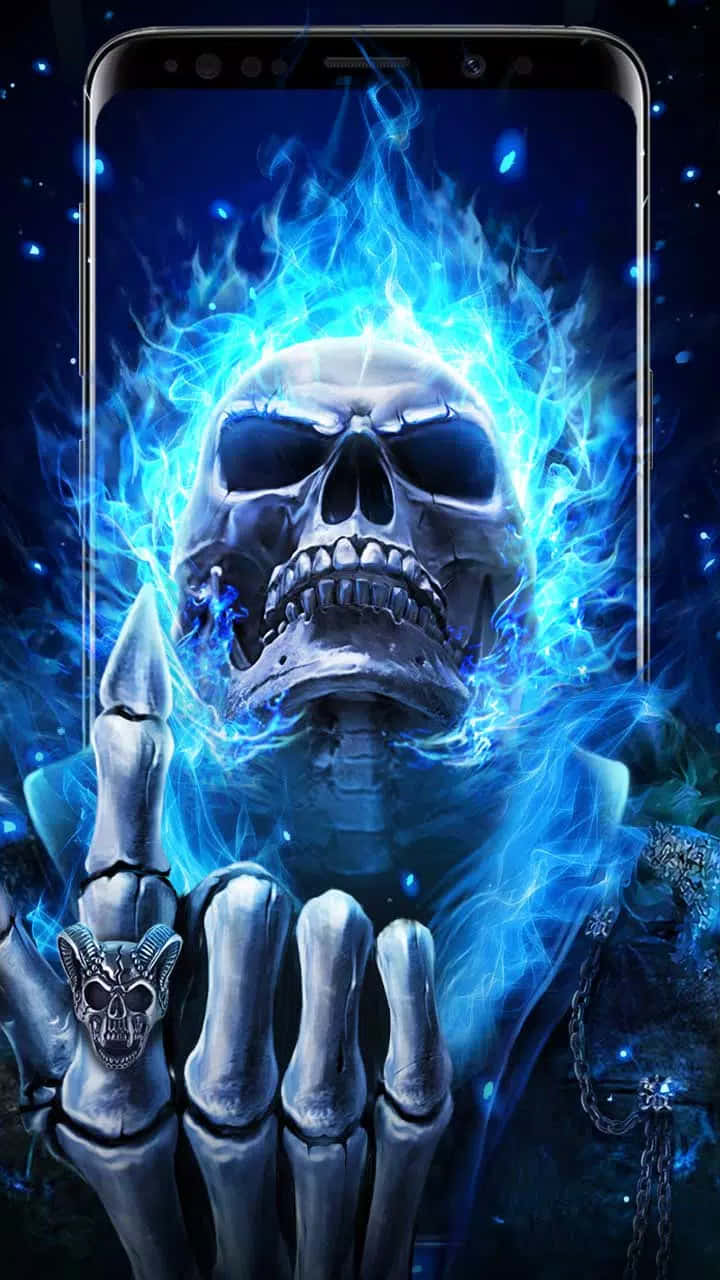 flaming skull, glowing blue flames, skeletal figure, HD Phone Wallpaper