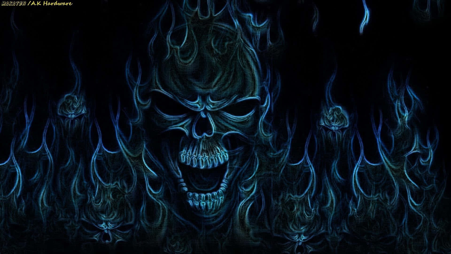 flaming skull, glowing blue flames, darkness, Full HD Desktop Wallpaper