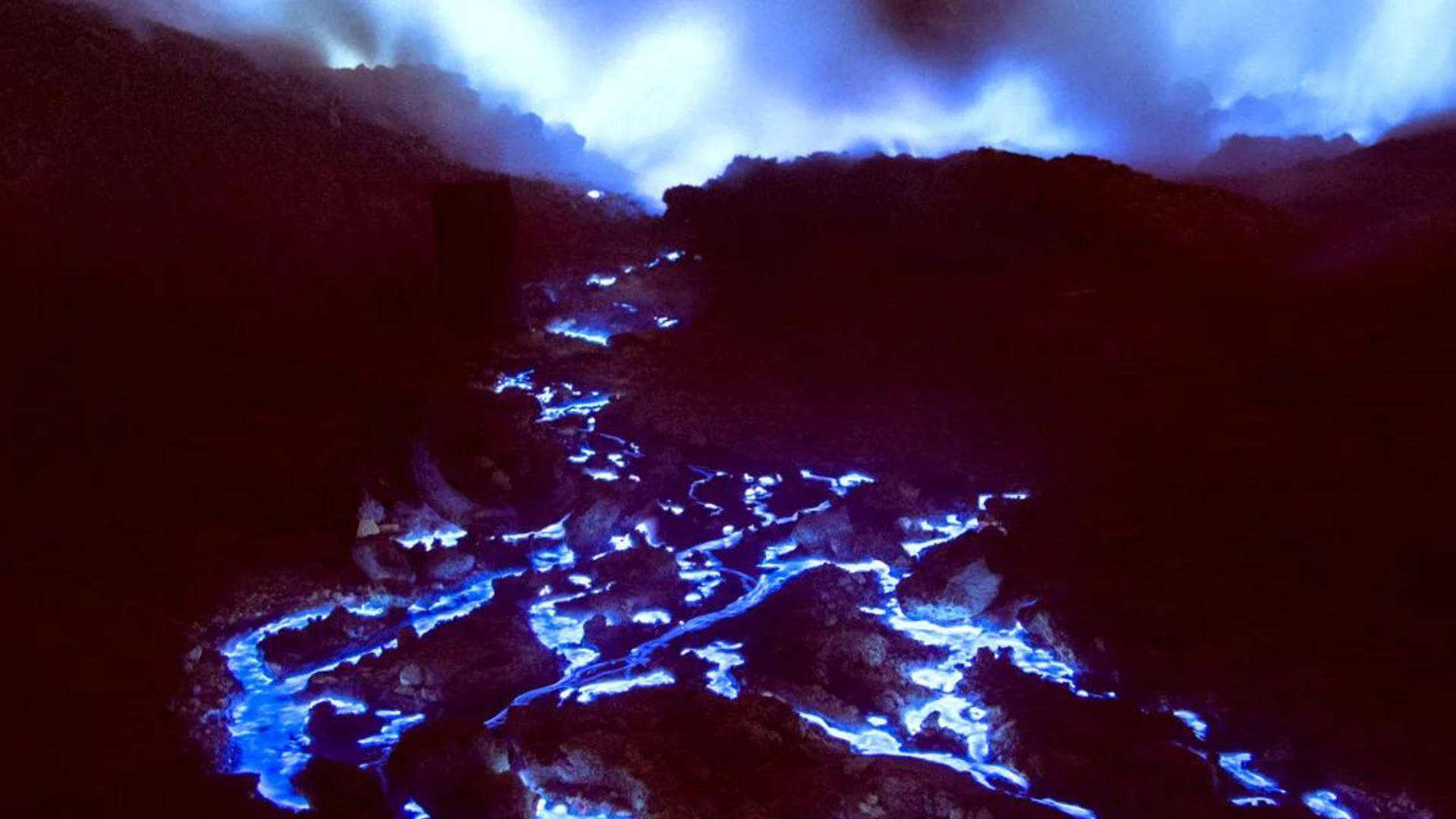 Blue Flames Mountains, glowing blue lava, dark volcanic landscape, Full HD Desktop Wallpaper