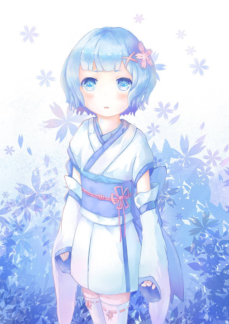 blue-haired anime girl, blue flower iPhone, light blue kimono, SD Phone Wallpaper