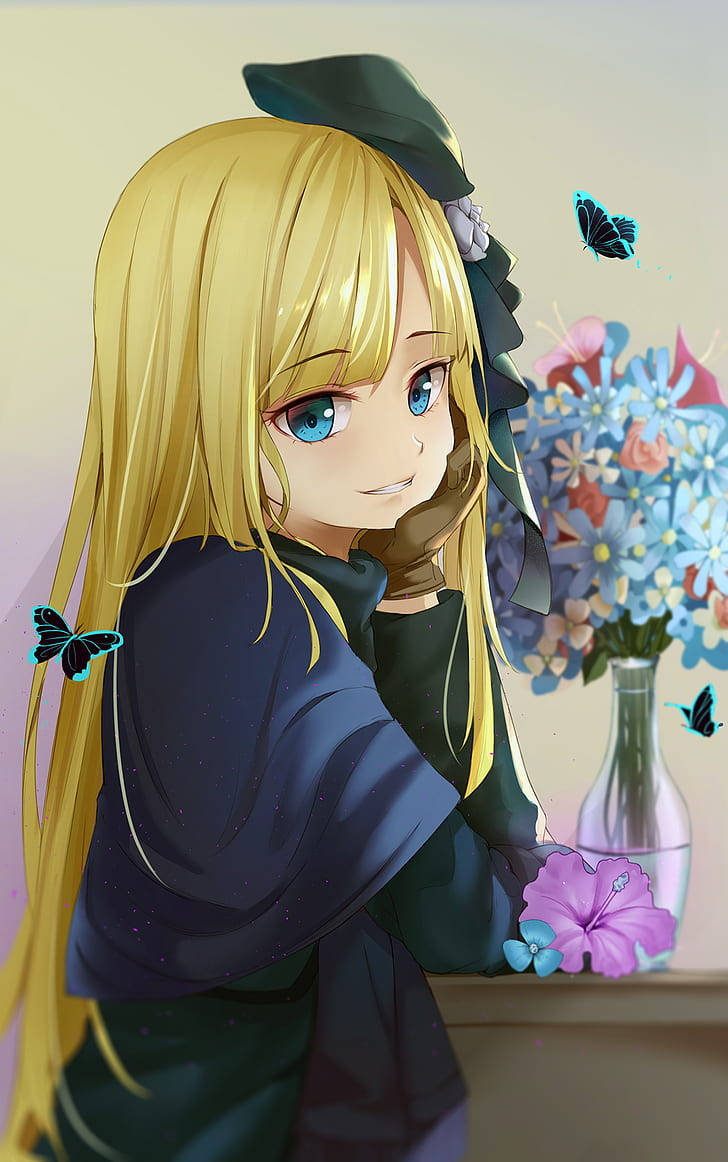 anime girl, blue flower, purple flower, SD Phone Wallpaper