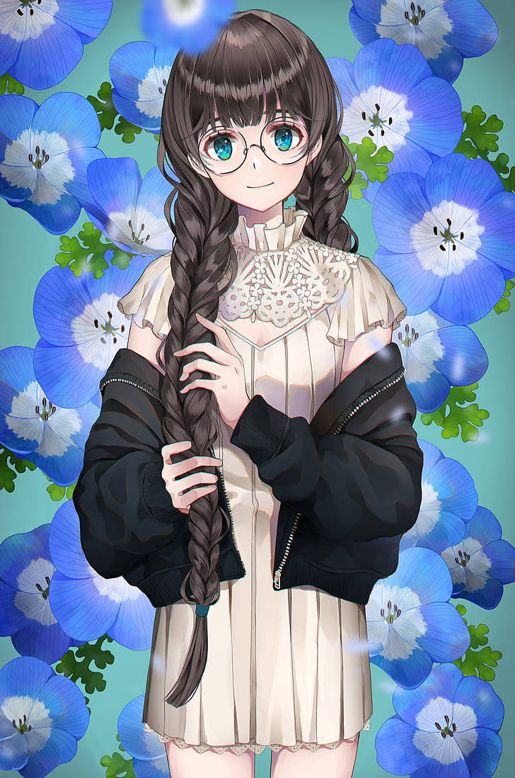 anime girl, glasses, braided hair, SD Phone Wallpaper