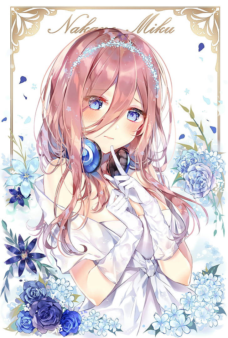 pink haired girl, blue flowers, anime girl, SD Phone Wallpaper