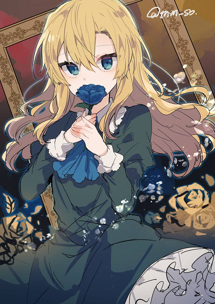 blonde anime girl, blue eyes, blue rose, SD Phone Wallpaper