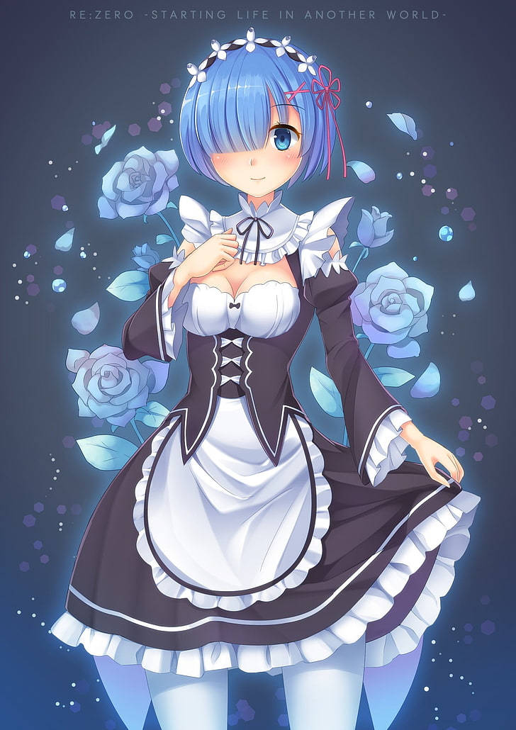 blue-haired anime girl, black and white maid outfit, glowing blue roses, SD Phone Wallpaper
