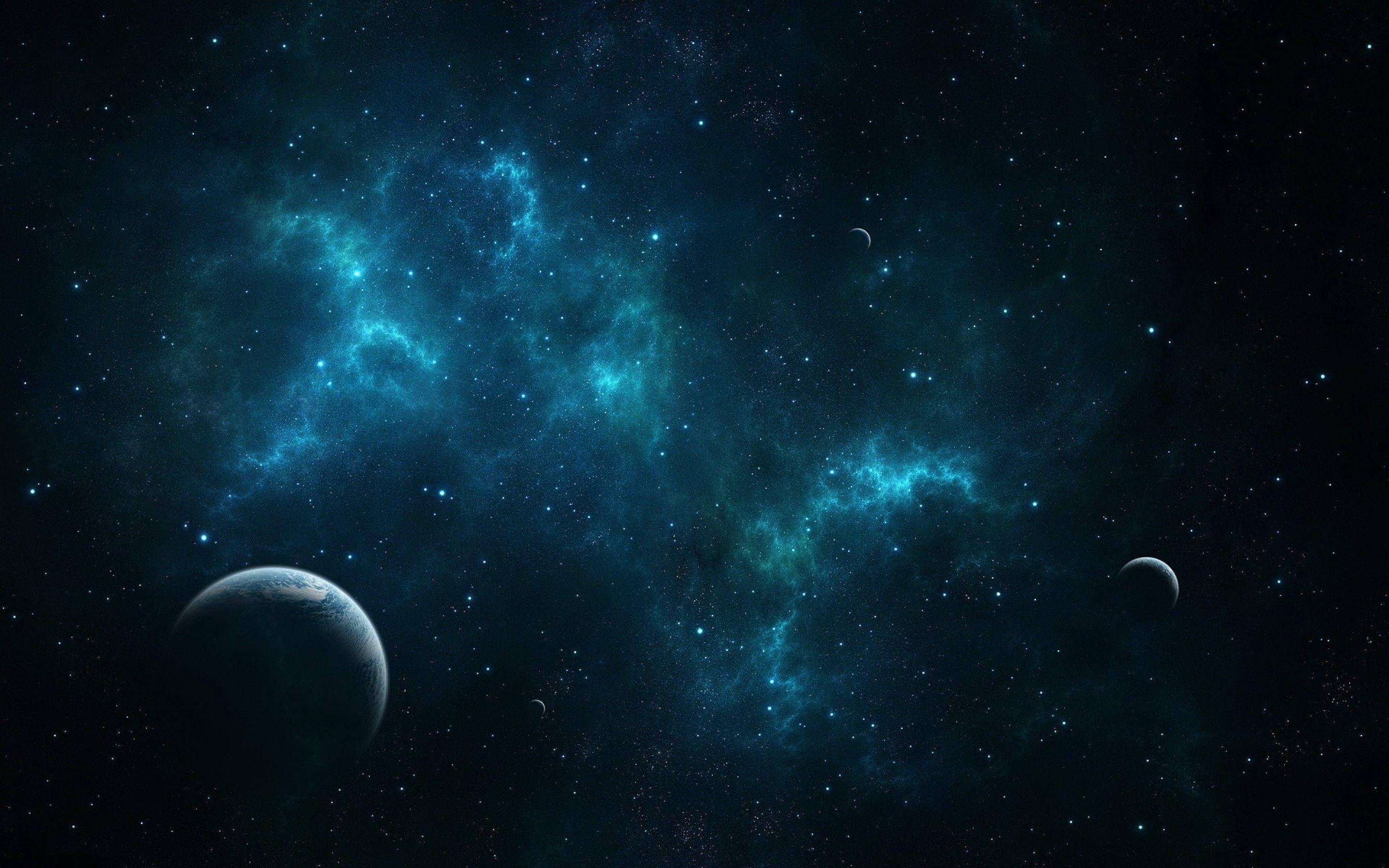 Green Blue Galaxy, teal nebulae, distant planets, 2K Desktop Wallpaper