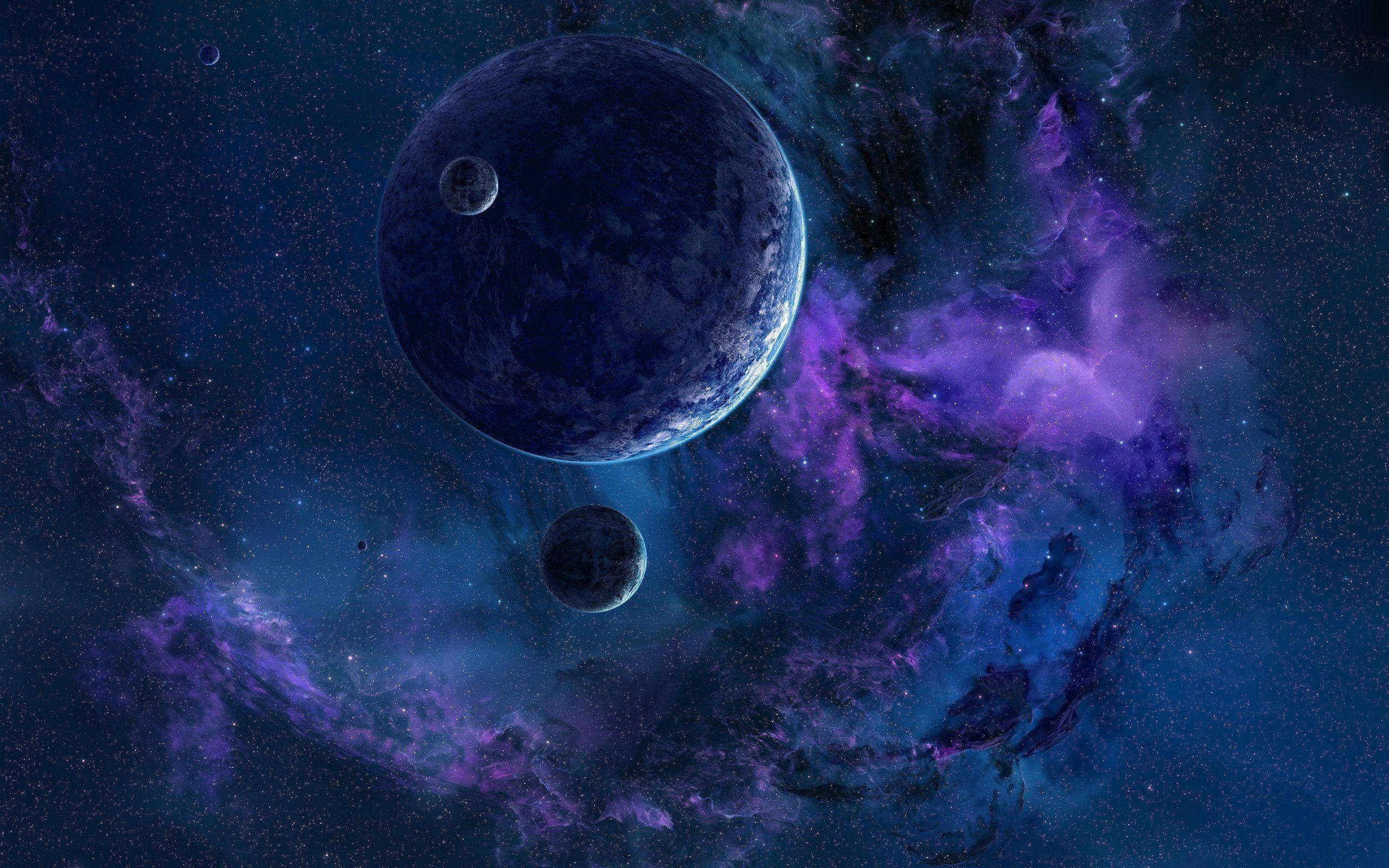 Blue Galaxy, violet planet, two moons, 2K Desktop Wallpaper