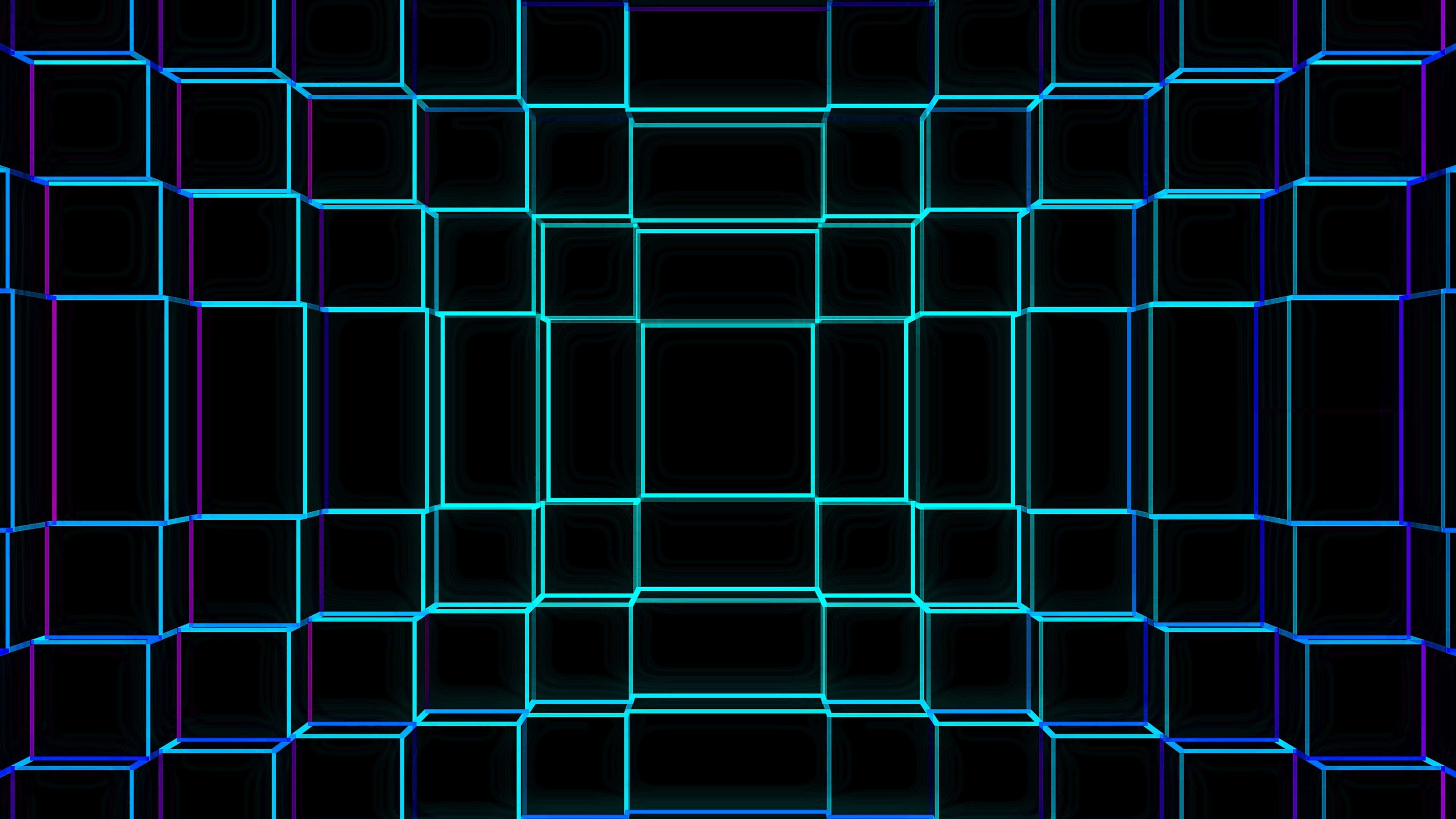 glowing cyan, purple neon cubes, digital tunnel effect, 4K Desktop Wallpaper