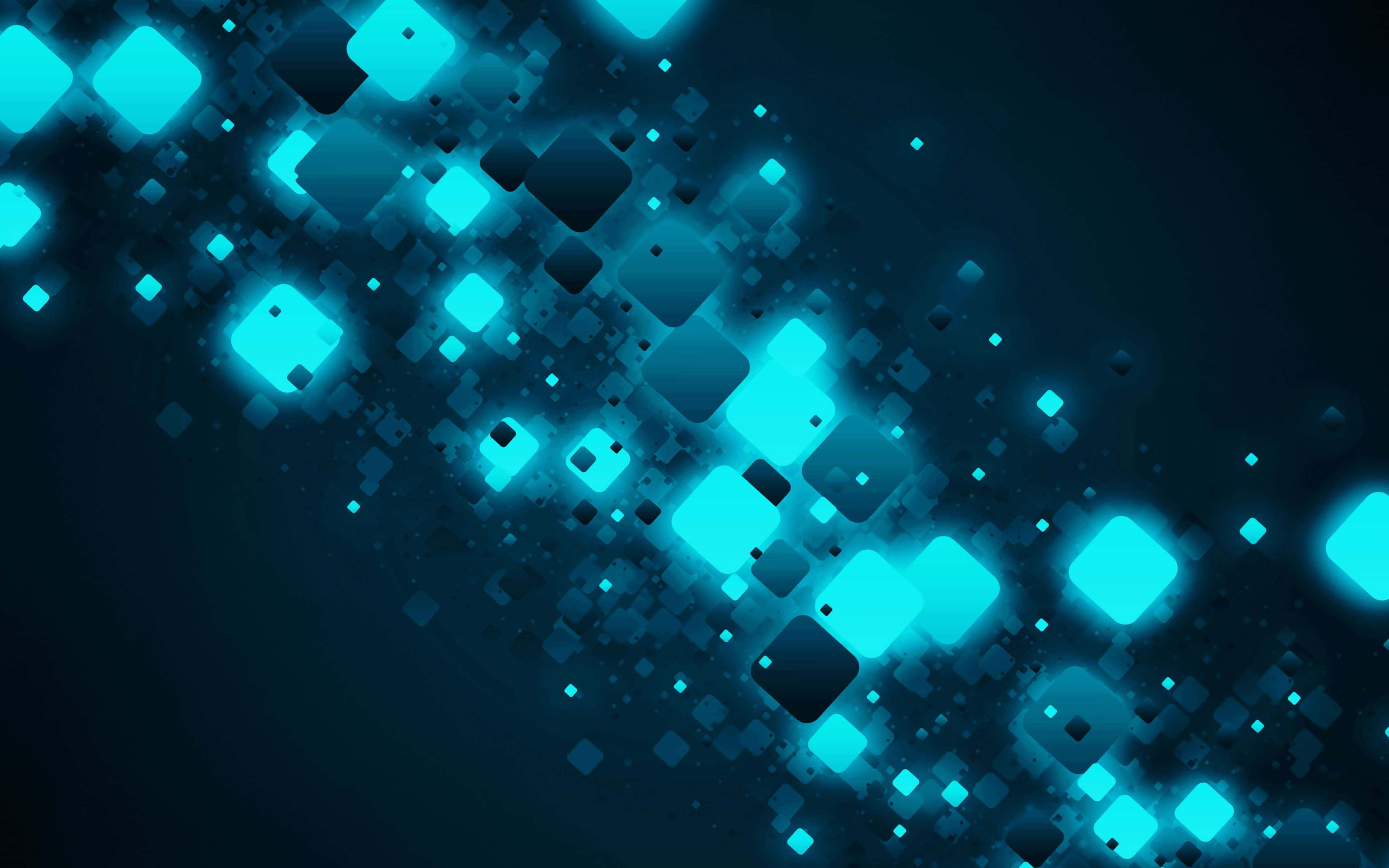 Blue Geometric, glowing cyan squares, dark blue gradient background, 4K Desktop Wallpaper