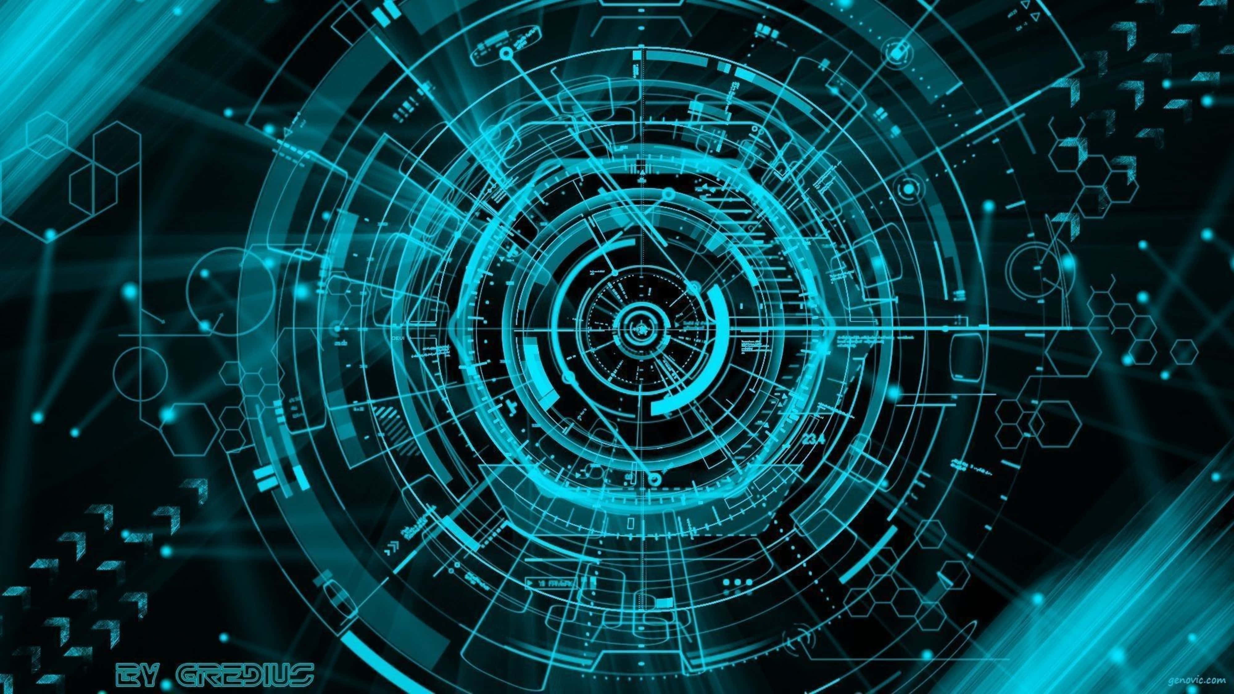 glowing cyan, futuristic interface, concentric rings, 4K Desktop Wallpaper