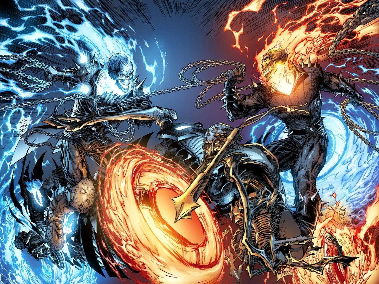 Ghost Rider, flaming skull motorcycle, blue energy-wielding figure, HD Desktop Wallpaper