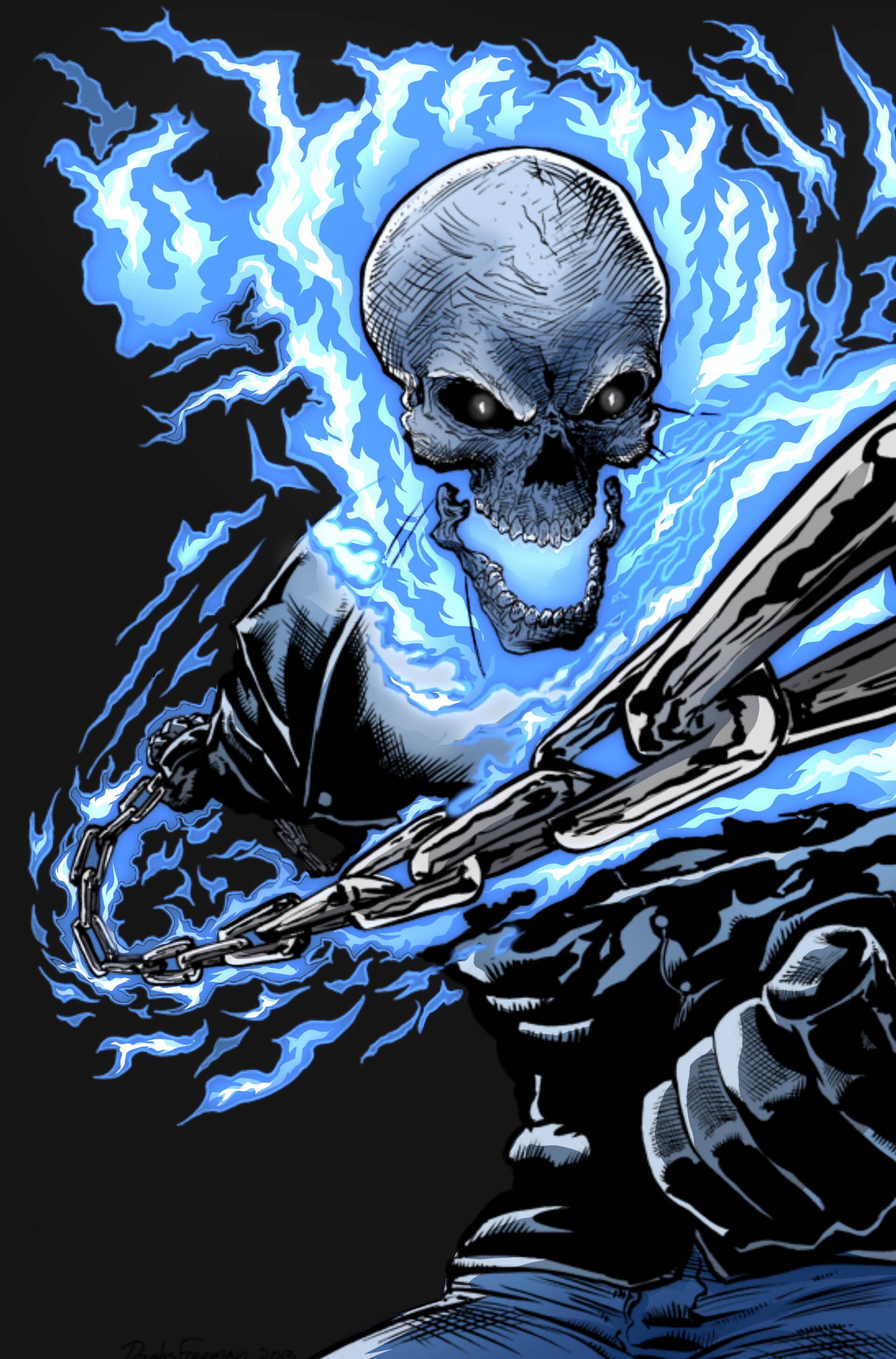 Blue Ghost Rider, glowing blue flames, skeletal figure, 2K Phone Wallpaper
