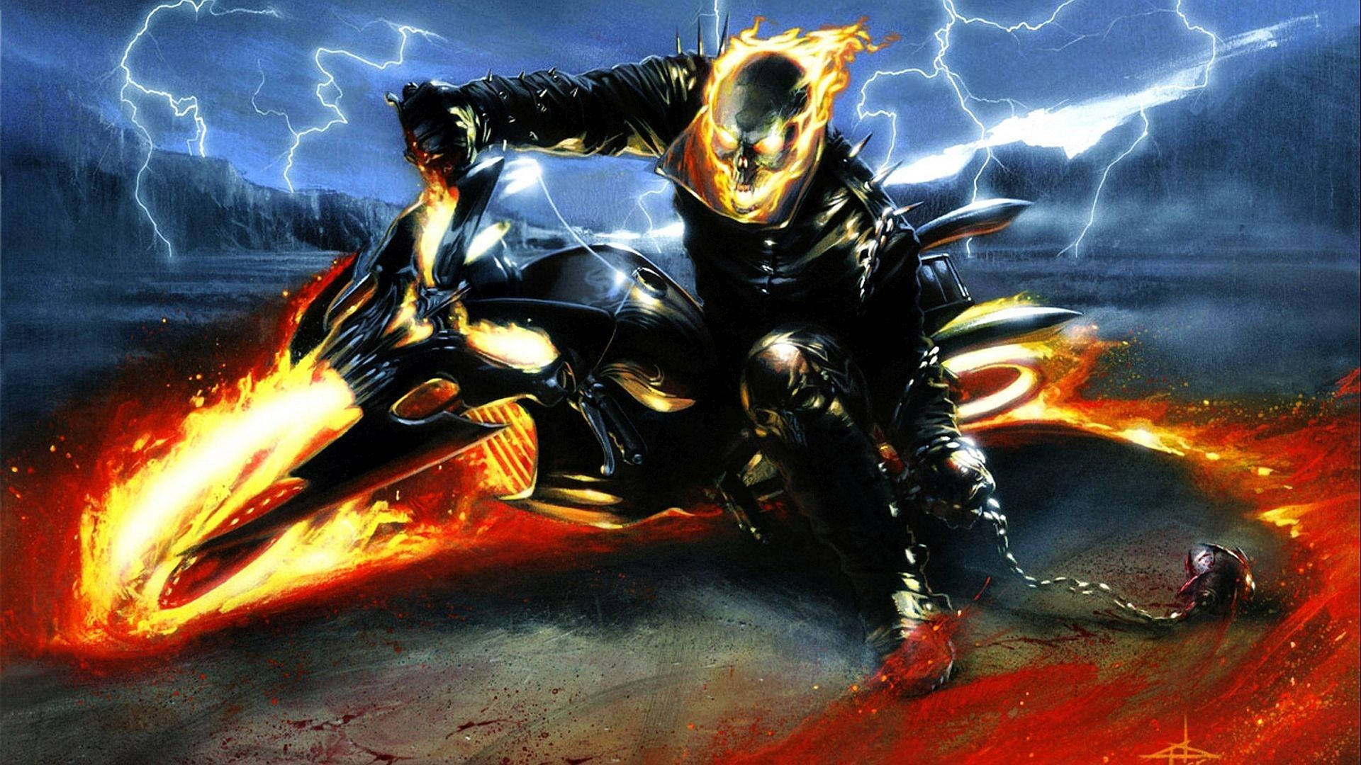 Blue Ghost Rider, flaming motorcycle, stormy night, Full HD Desktop Wallpaper