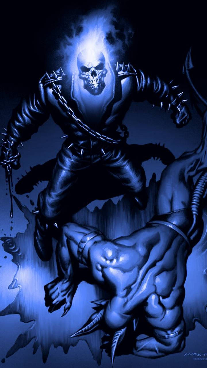 Blue Ghost Rider, flaming skull motorcycle, dark blue nightmare scene, HD Phone Wallpaper