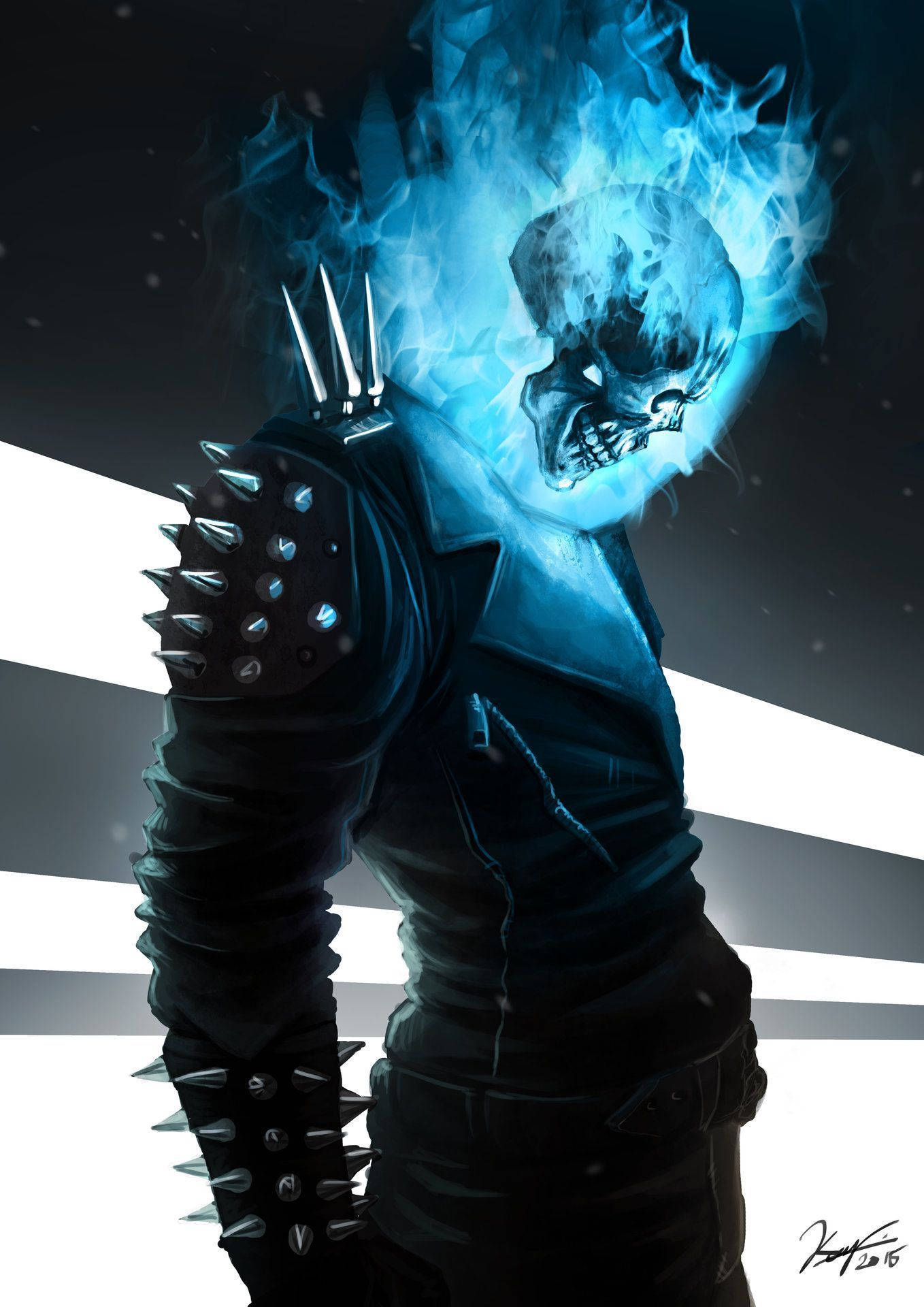 Blue Ghost Rider, flaming skull, spiked leather armor, Full HD Phone Wallpaper
