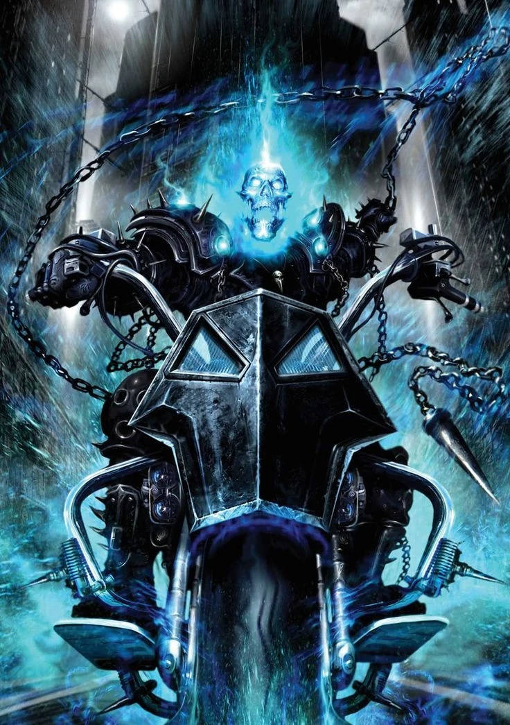 Ghost Rider, flaming skull motorcycle, stormy urban canyon, SD Phone Wallpaper