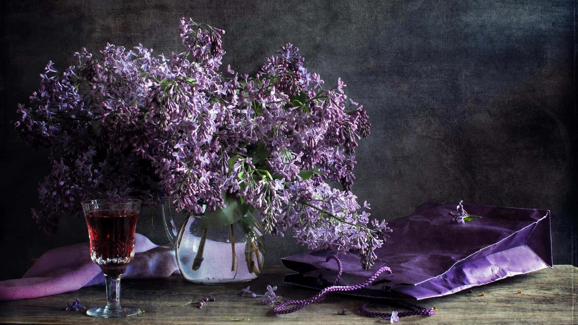 blue girly, purple lilacs, glass vase, Full HD Desktop Wallpaper