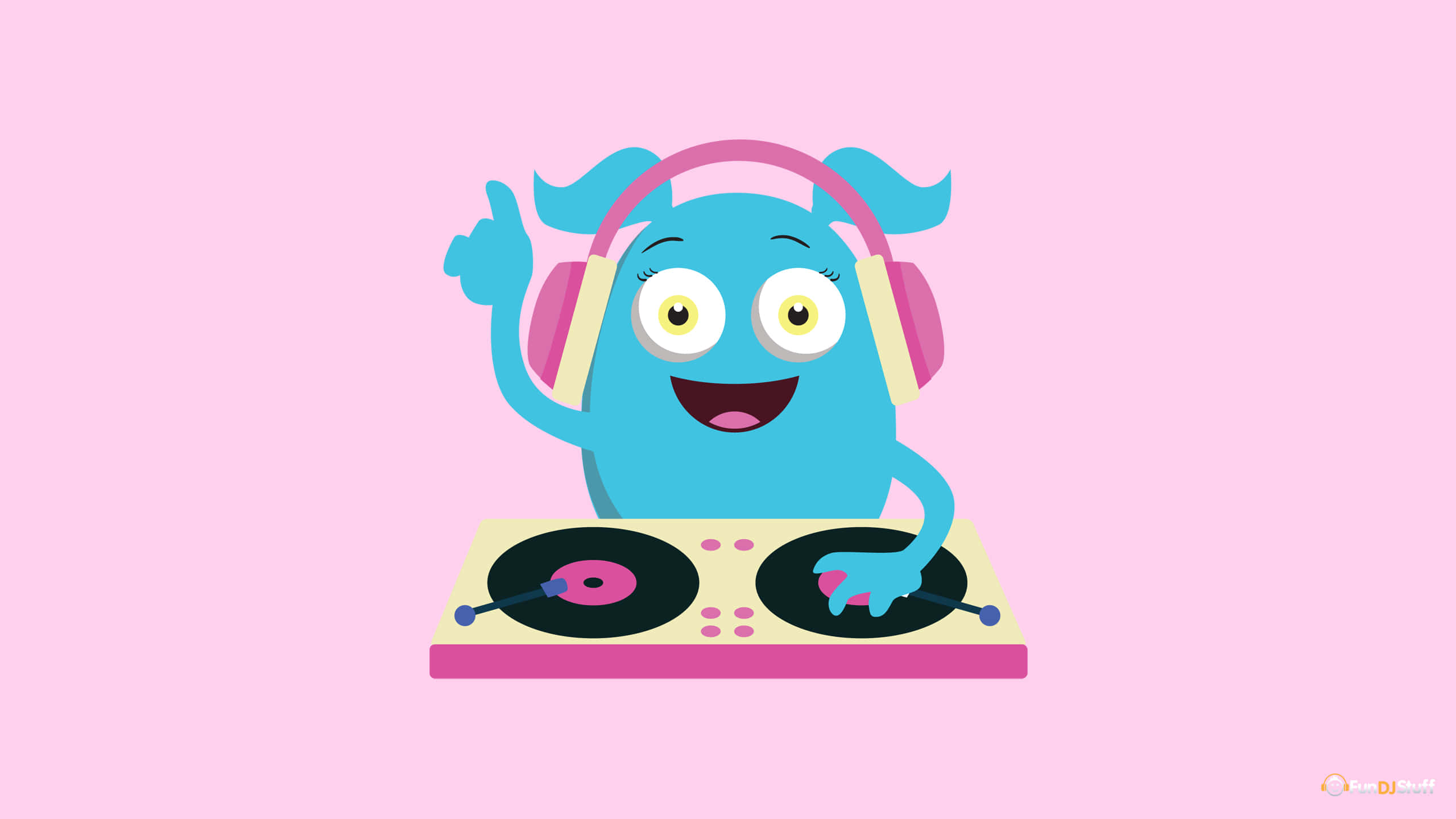 Blue Girly, pink headphones, pink DJ turntable, 2K Desktop Wallpaper