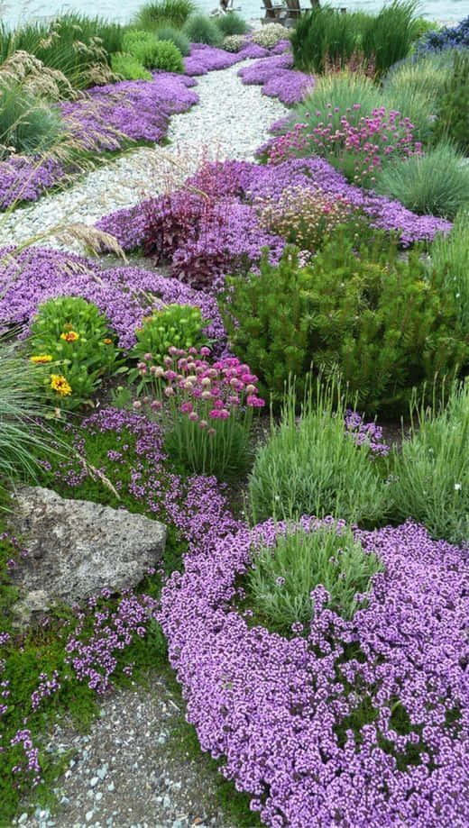 Blue Grass, gravel path, vibrant garden, SD Phone Wallpaper