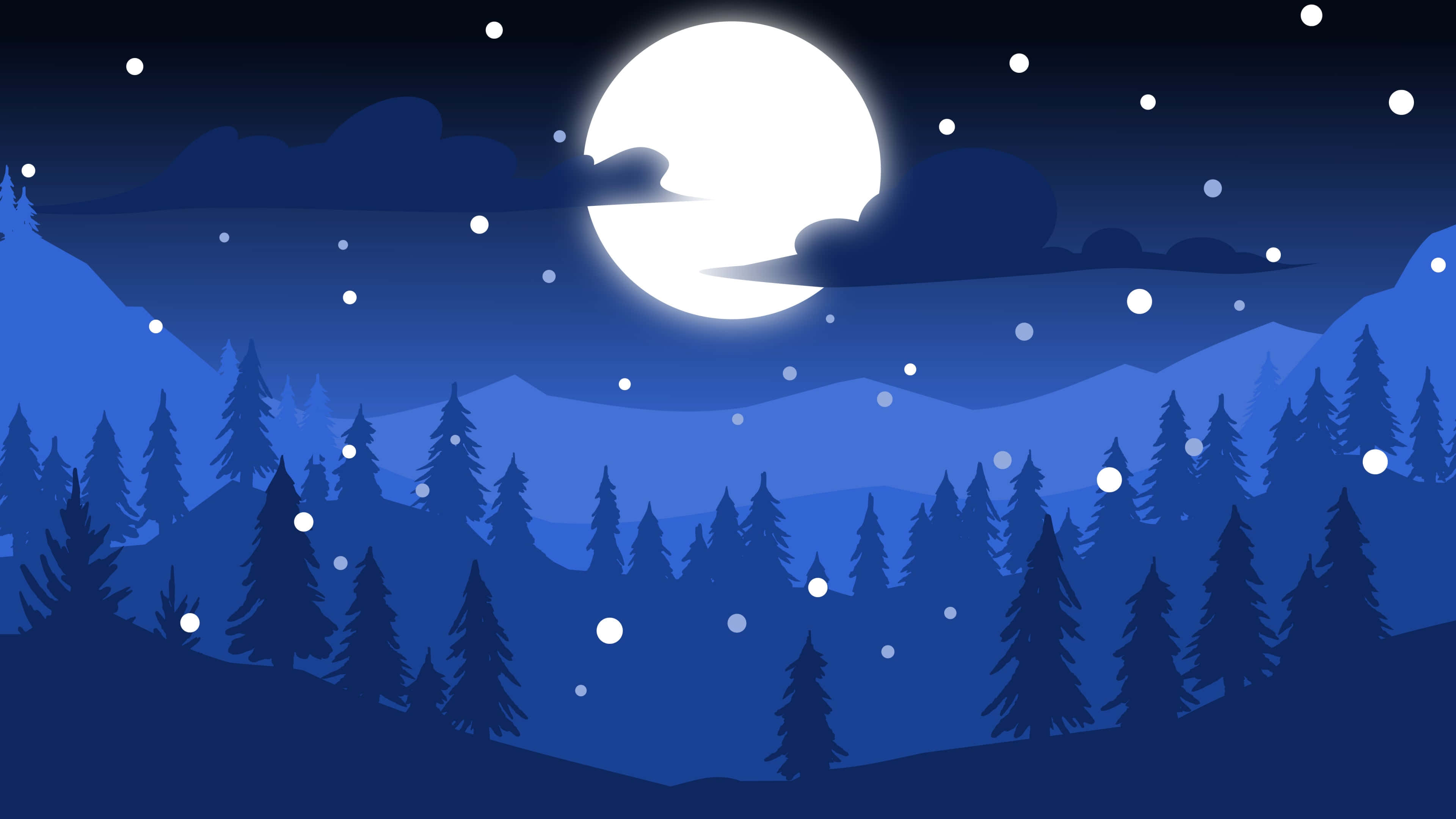 Blue Gray, full moon, snow-dusted pine trees, 4K Desktop Wallpaper