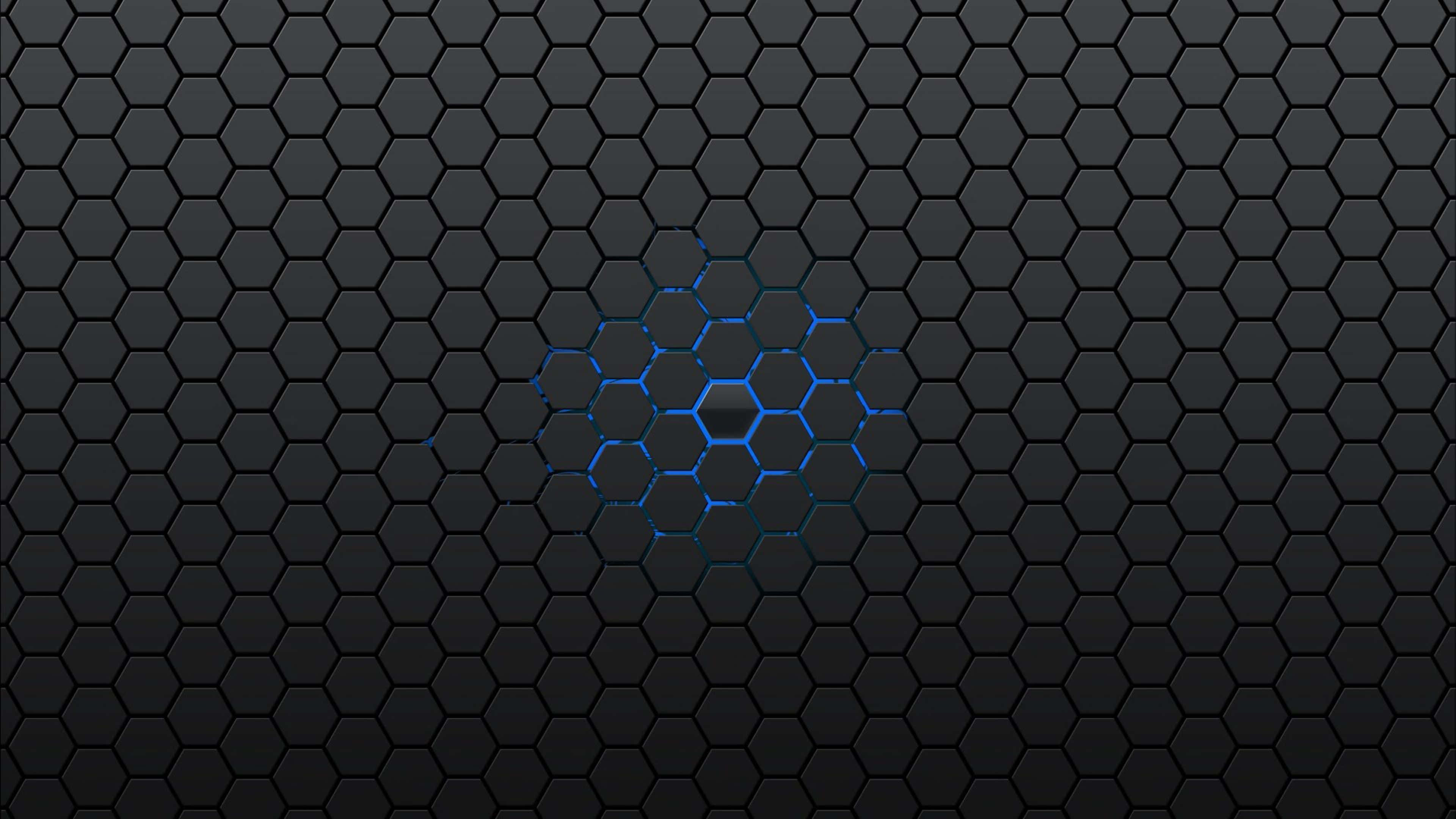 Blue Gray, dark hexagonal grid pattern, glowing blue hexagons, 4K Desktop Wallpaper