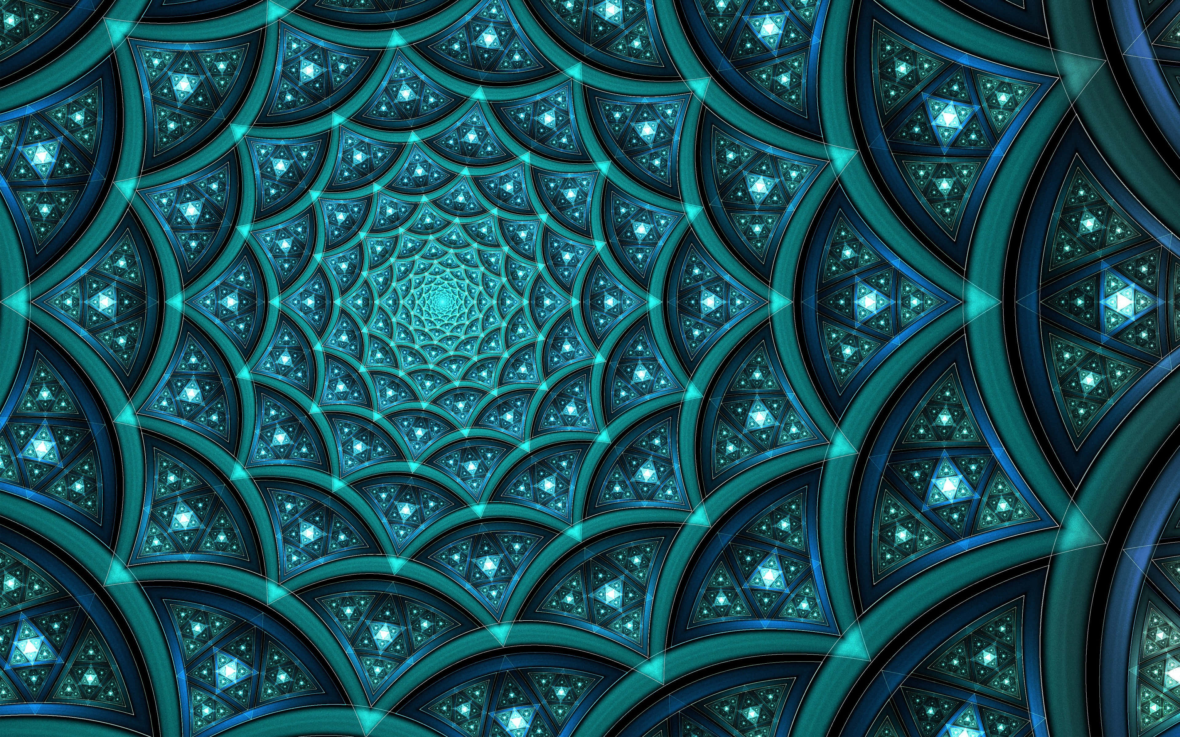 teal blue, fractal pattern, glowing star-like centers, 4K Desktop Wallpaper