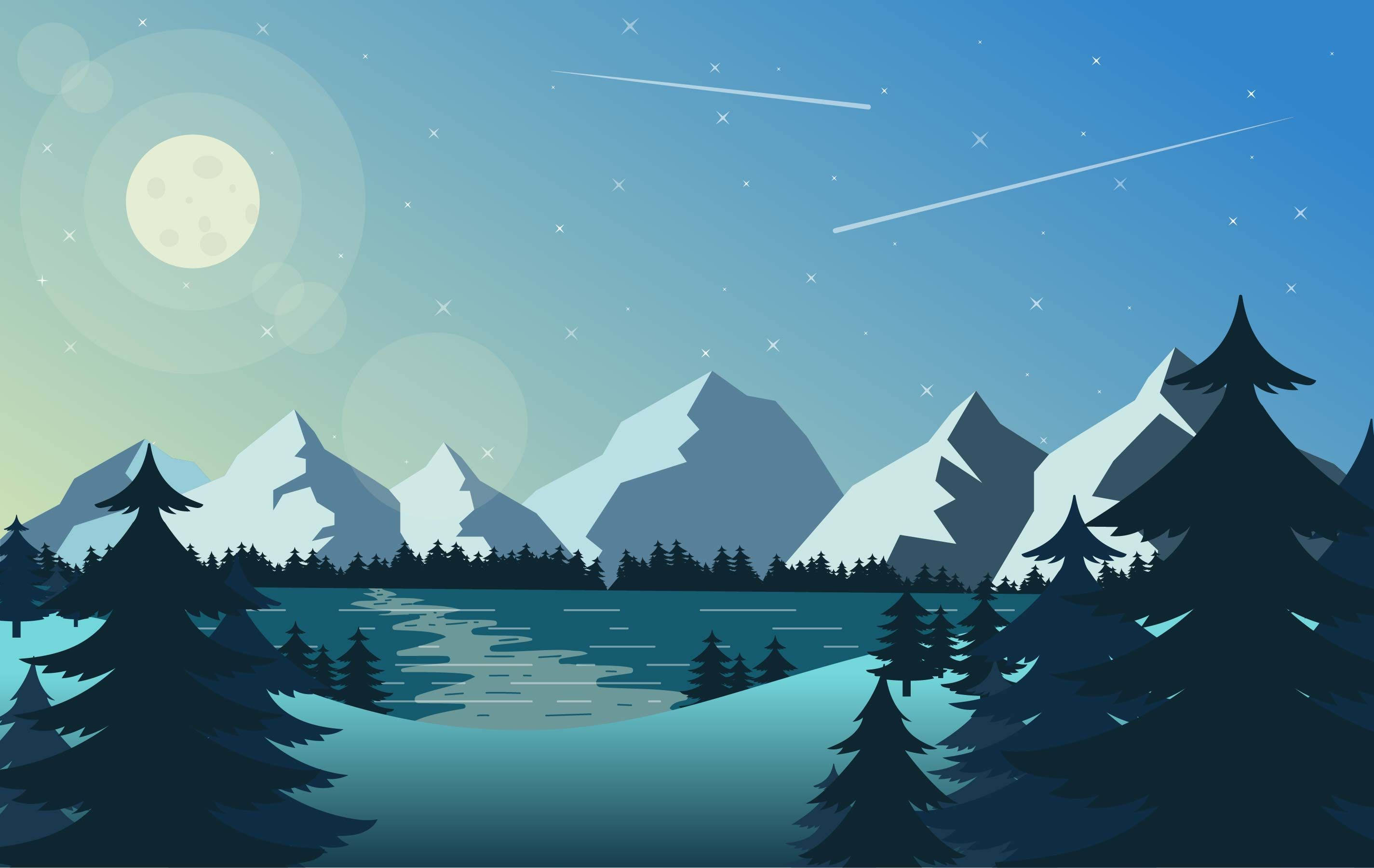Winter Forest, blue green tonal gradation, snow-capped mountains, 2K Desktop Wallpaper