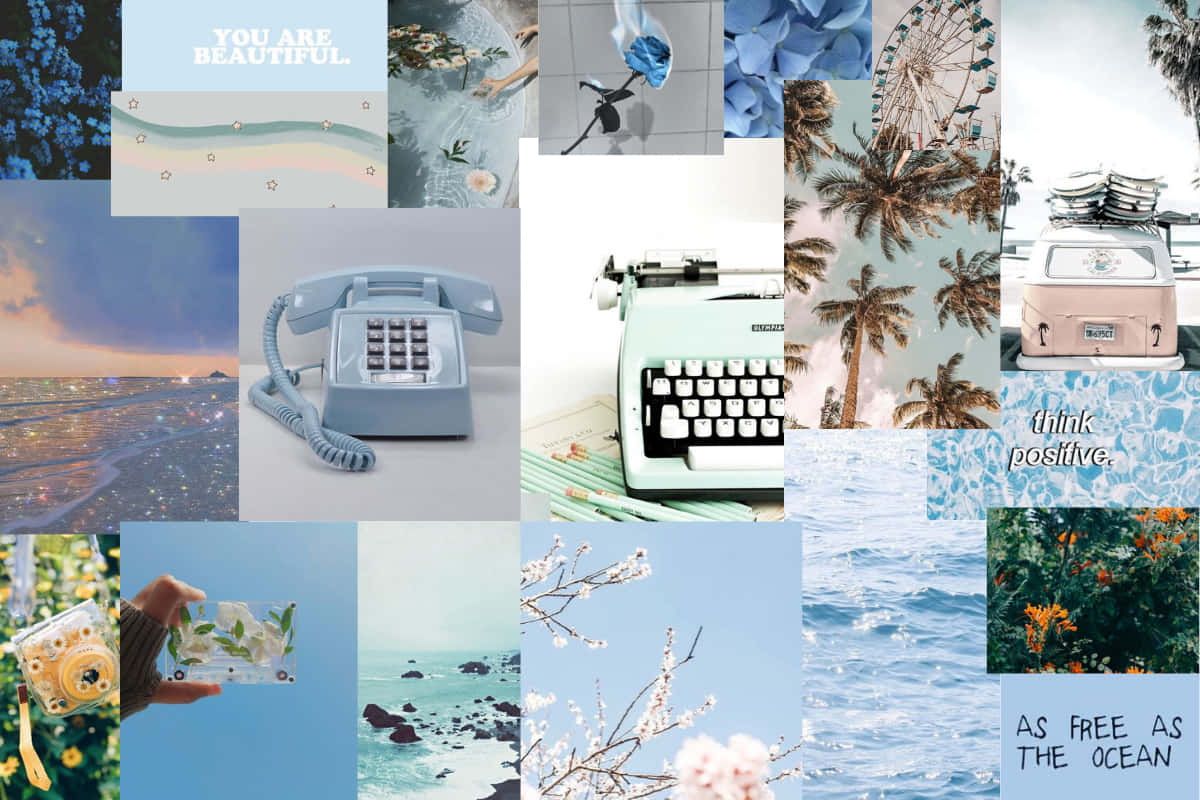 Blue Green Aesthetic, telephone typewriter, pastel tones, SD Desktop Wallpaper