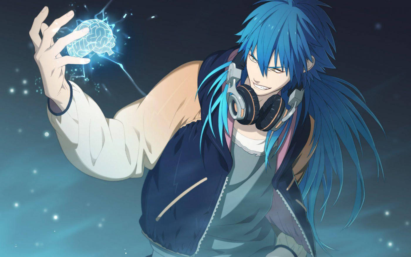 anime boy, blue-haired, headphones, HD Desktop Wallpaper