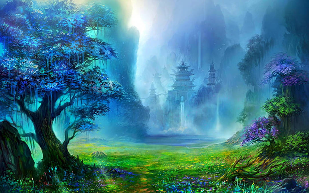 blue fog forest, glowing temple, misty mountains, SD Desktop Wallpaper