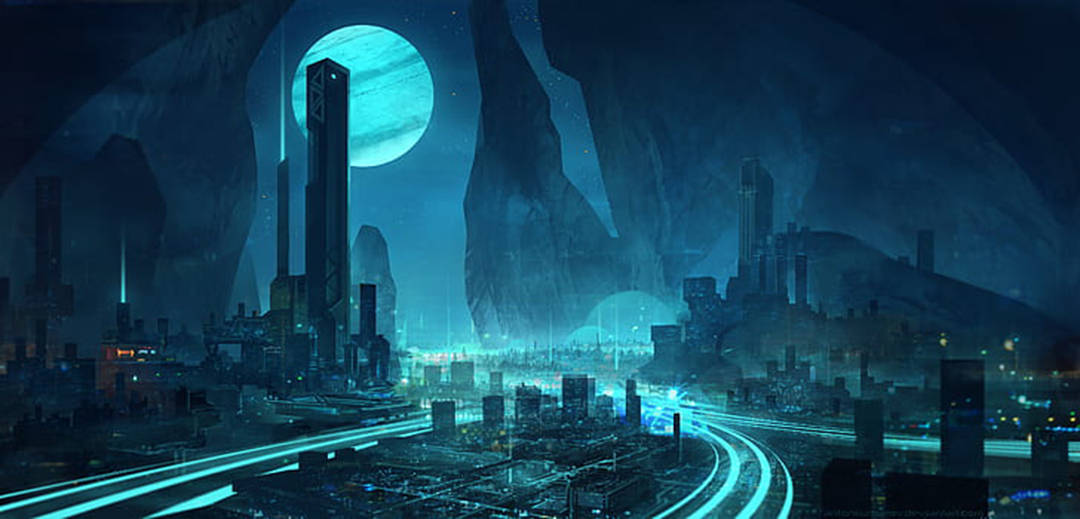 glowing blue moon, neon-lit roads, towering skyscrapers, SD Desktop Wallpaper