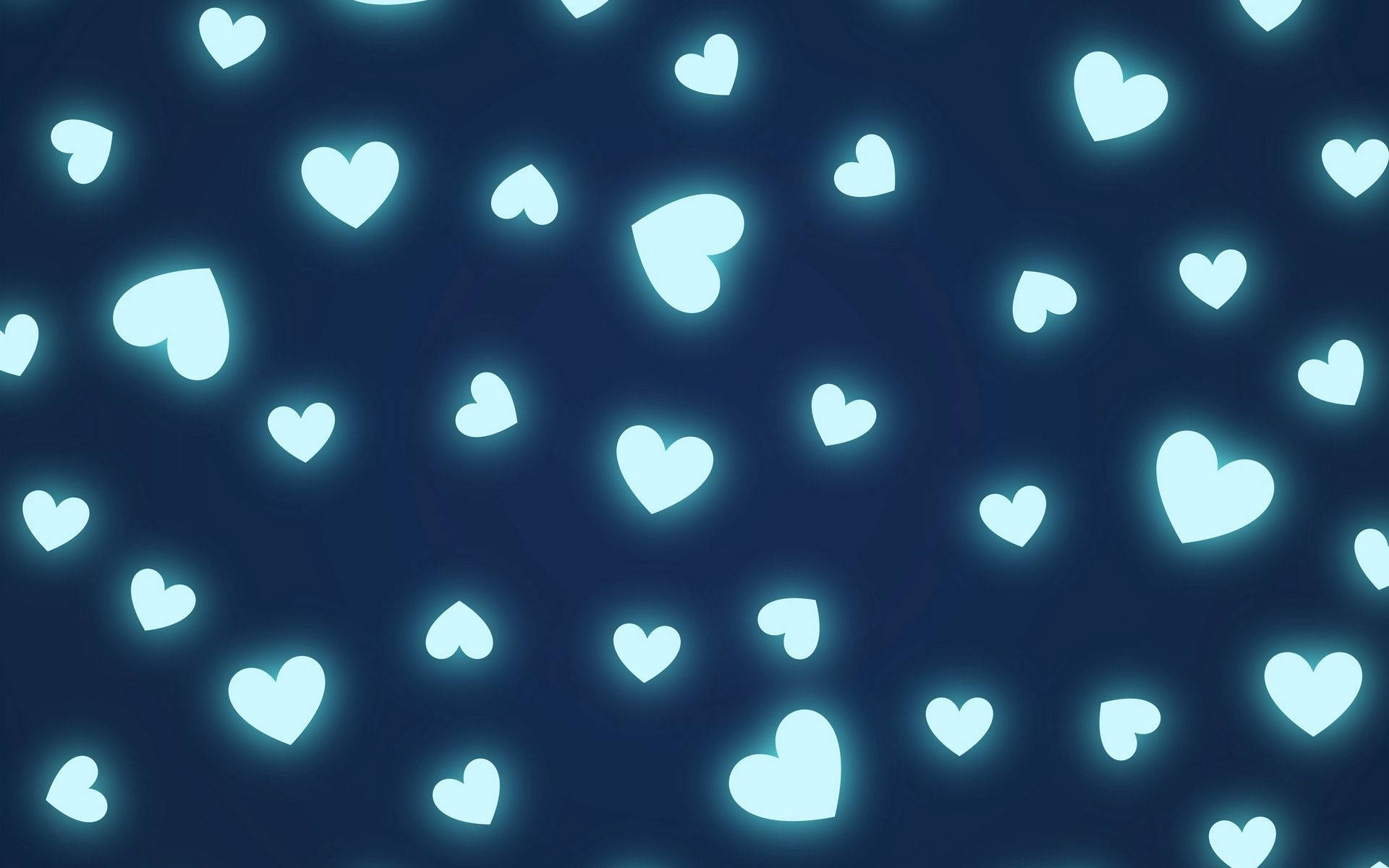 glowing light blue hearts, dark navy background, scattered pattern, Full HD Desktop Wallpaper