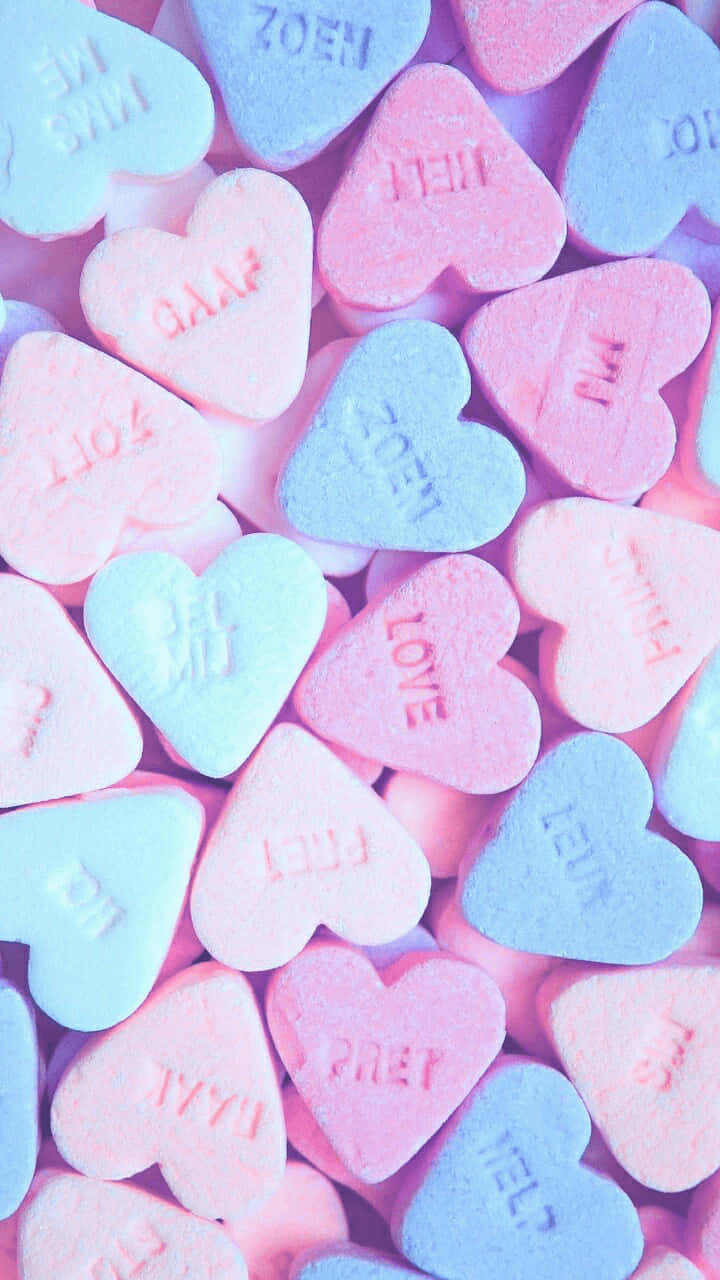 pastel pink, blue heart-shaped candies, embossed romantic messages, HD Phone Wallpaper