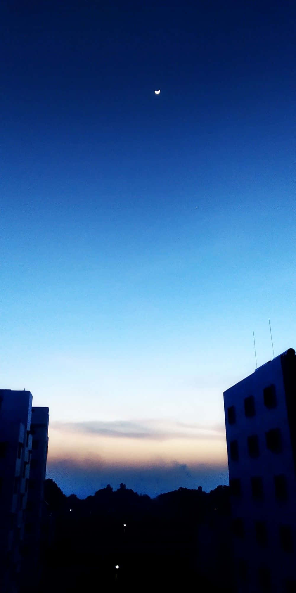 Blue Horizon, crescent moon, city buildings, Full HD Phone Wallpaper