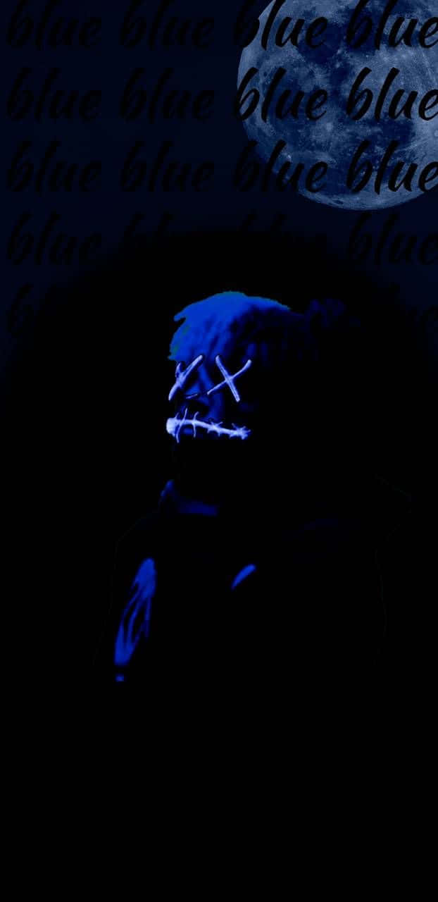 glowing blue masked figure, stitched eyes and mouth, dark background, HD Phone Wallpaper