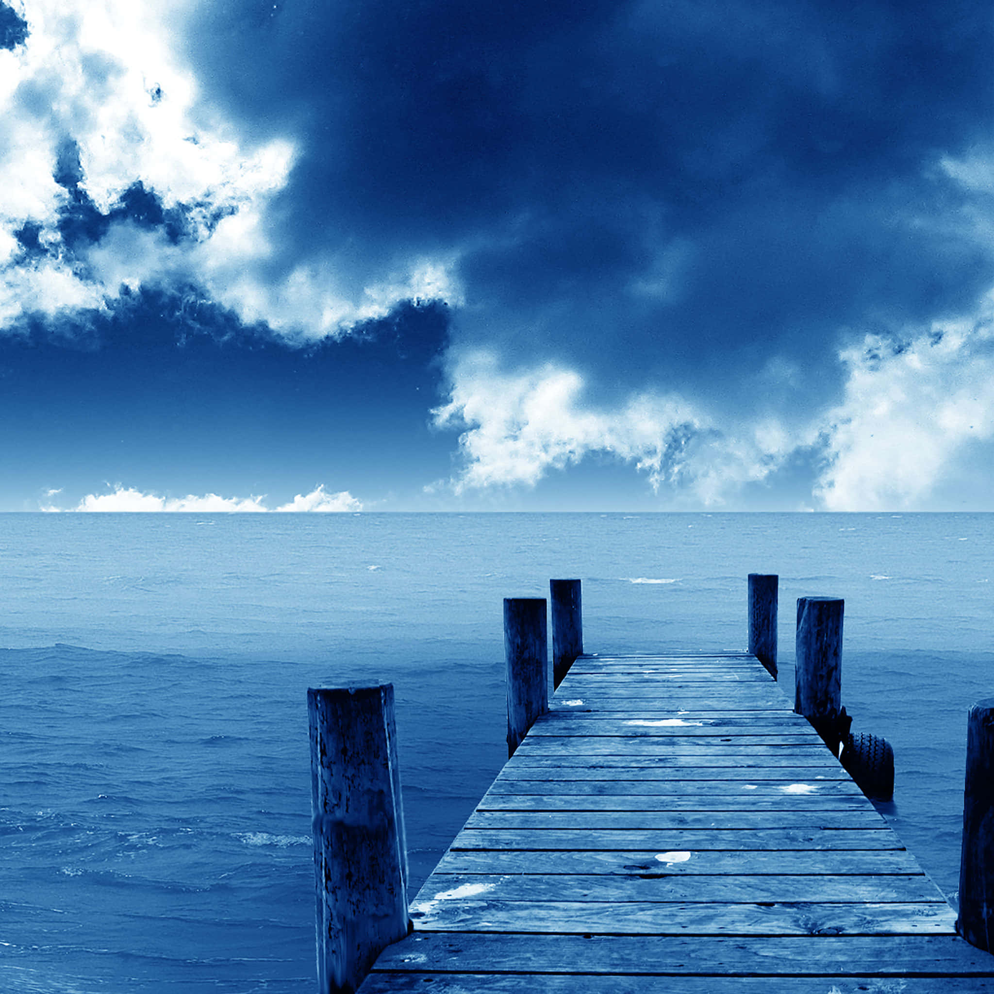 blue iPad, wooden pier, ocean, Full HD Desktop Wallpaper