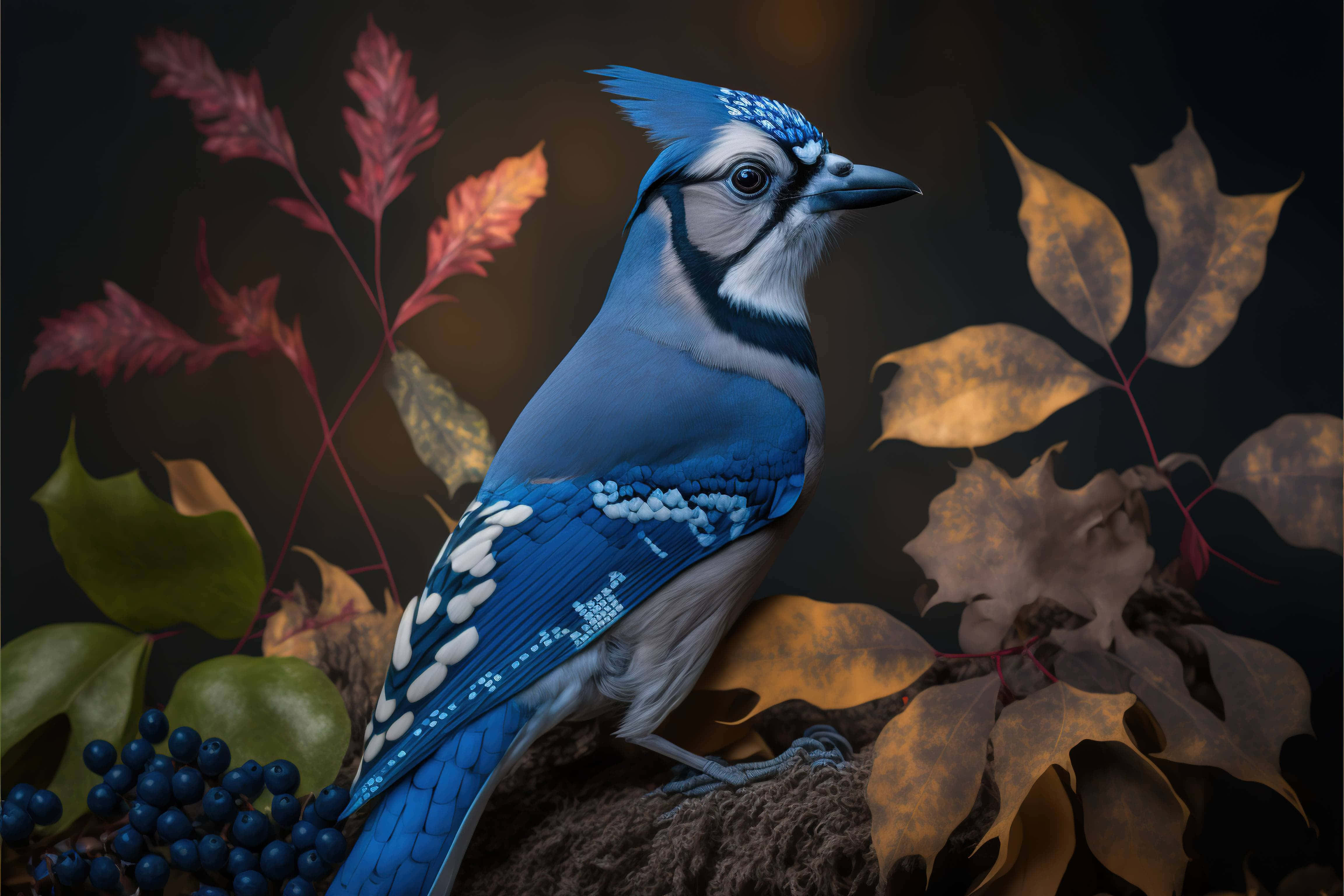Blue Jay, autumn leaves, blueberries, 4K Desktop Wallpaper