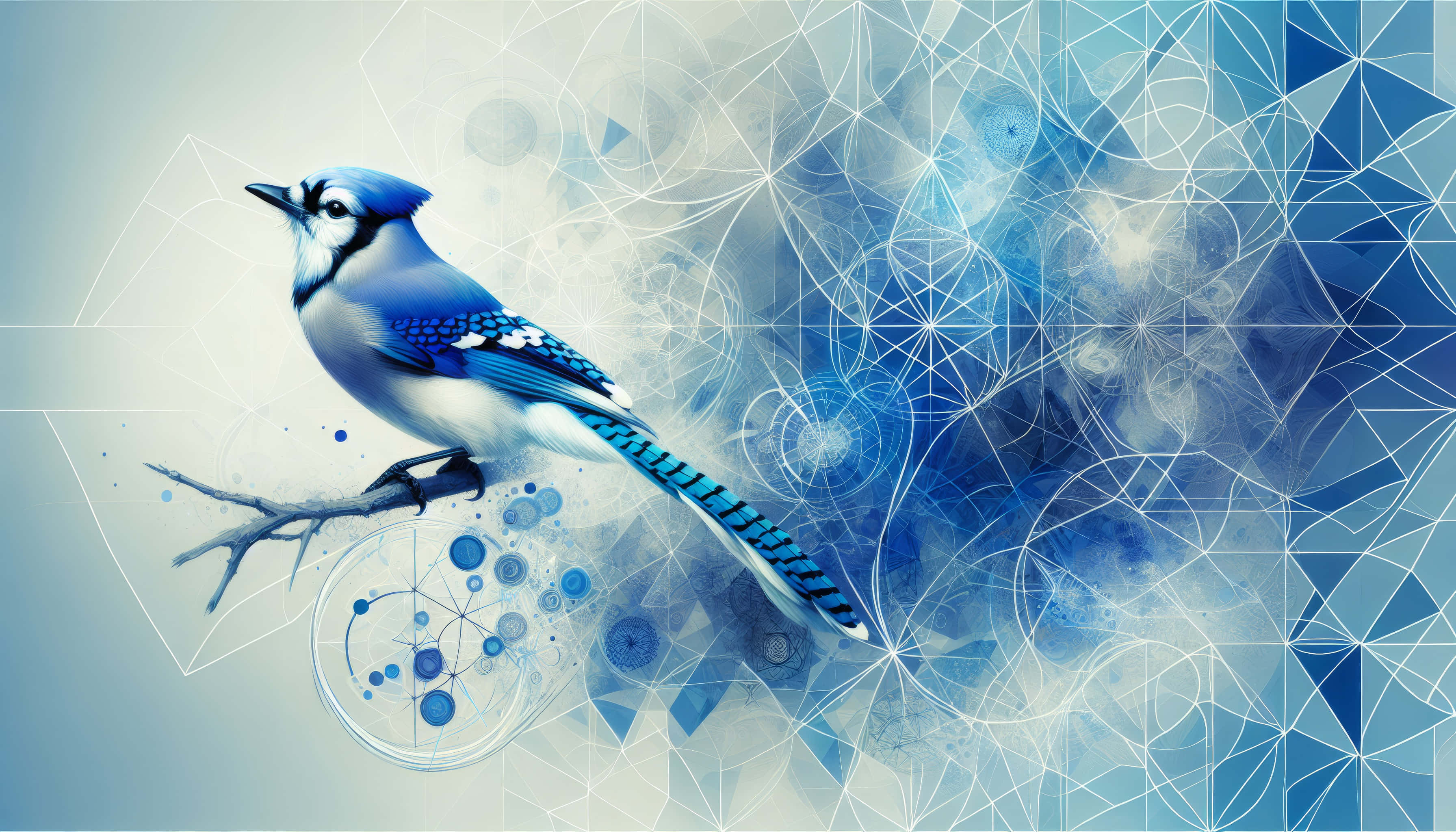 blue jay, branch, swirling abstract blue geometric background, 2K Desktop Wallpaper
