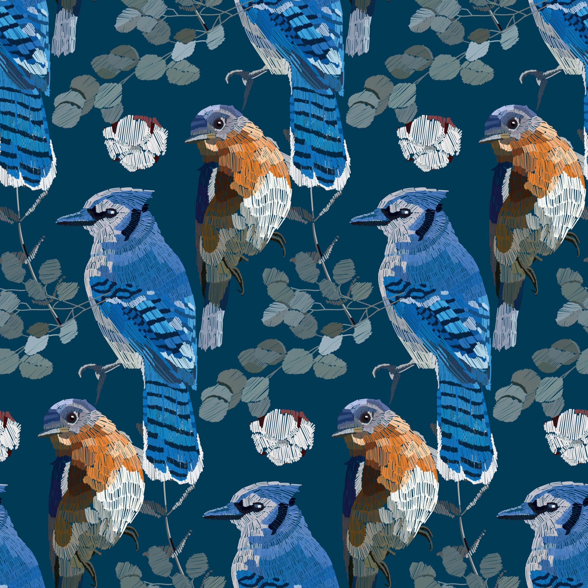 Blue Jay Bird, deep teal background, stylized leaves, Full HD Desktop Wallpaper