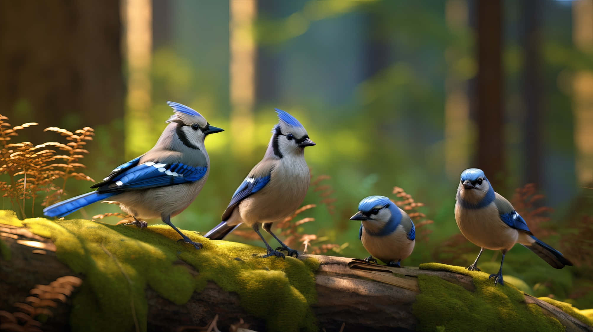Blue Jay Bird, mossy log, sunlit forest, Full HD Desktop Wallpaper